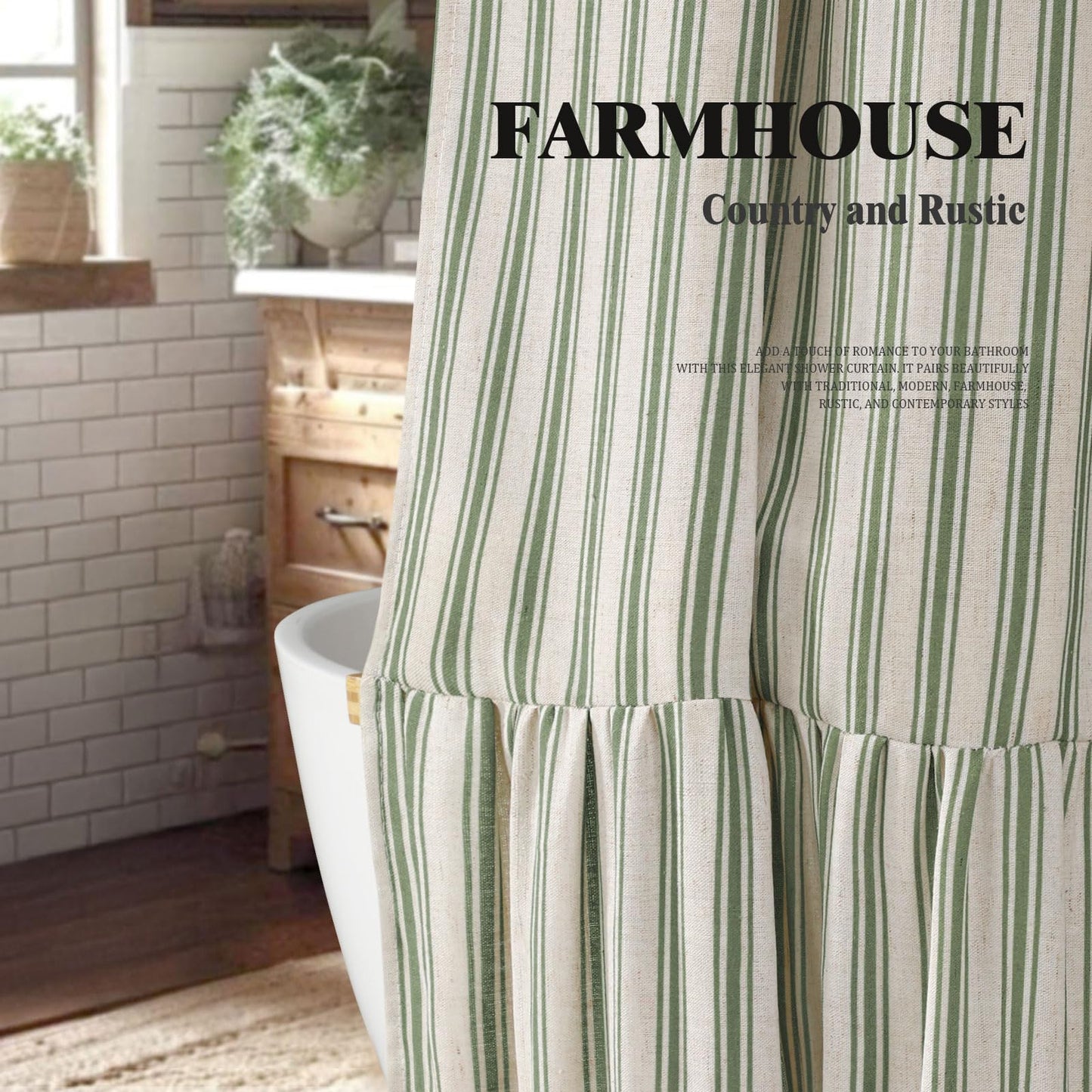 XOGUIBO Farmhouse Shower Curtain with Ruffle Hem Linen Shower Curtains for Bathroom Country Vintage Rustic Natural Fabric, Cream-Green Stripe 72" W x 84" L