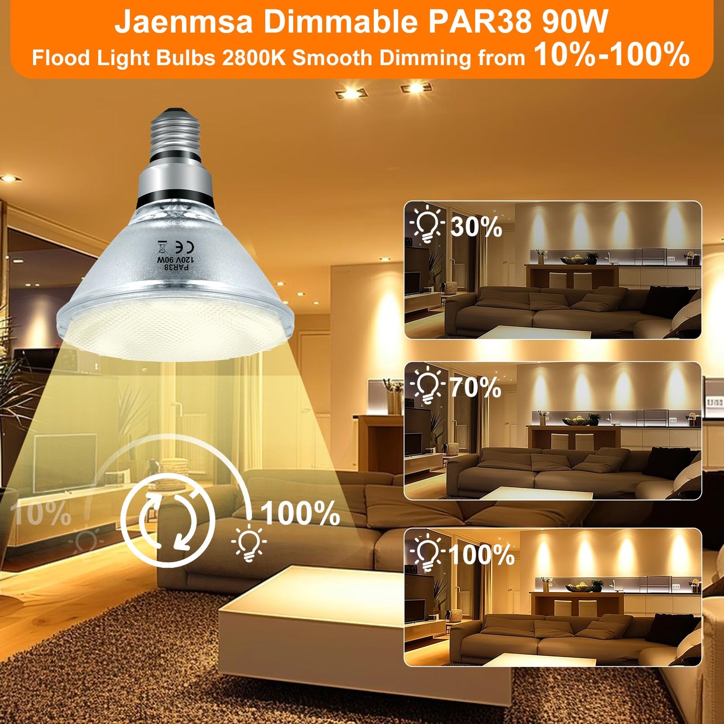 Jaenmsa PAR38 Halogen Flood Light Bulbs 90W 120V, Par38 Halogen Light Bulbs 8 Pack for Indoor and Outdoor Floodlight Bulbs PAR38, Reptile Heat Lamp Bulbs with E26 Base, 2800K Warm White, 4050 Lumens