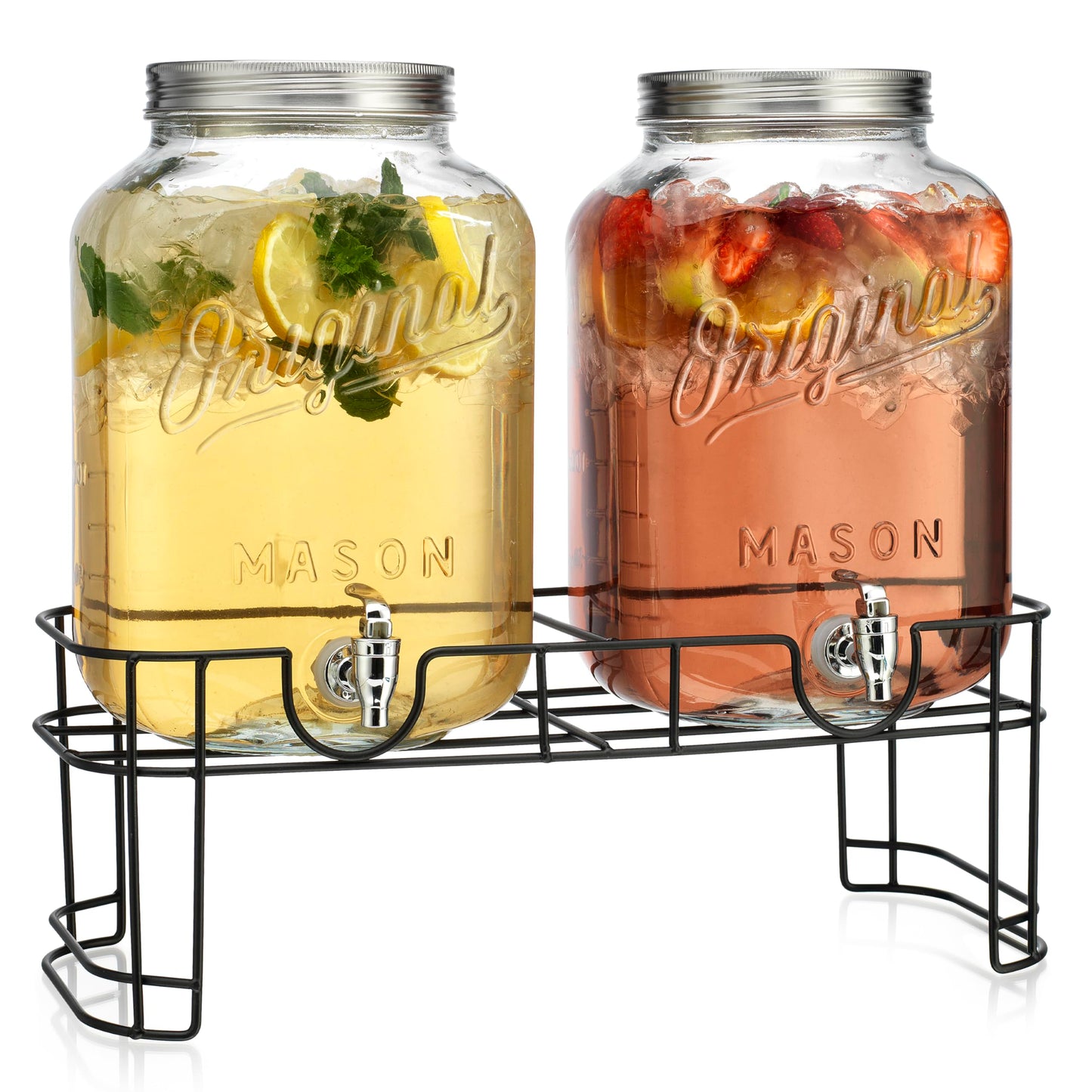 MosJos 2 GALLON Glass Drink Dispensers for Parties, 2 Pack Mason Jar Beverage Dispensers with Metal Stand, Glass Water Dispenser with Spigot, Laundry Detergent Dispenser
