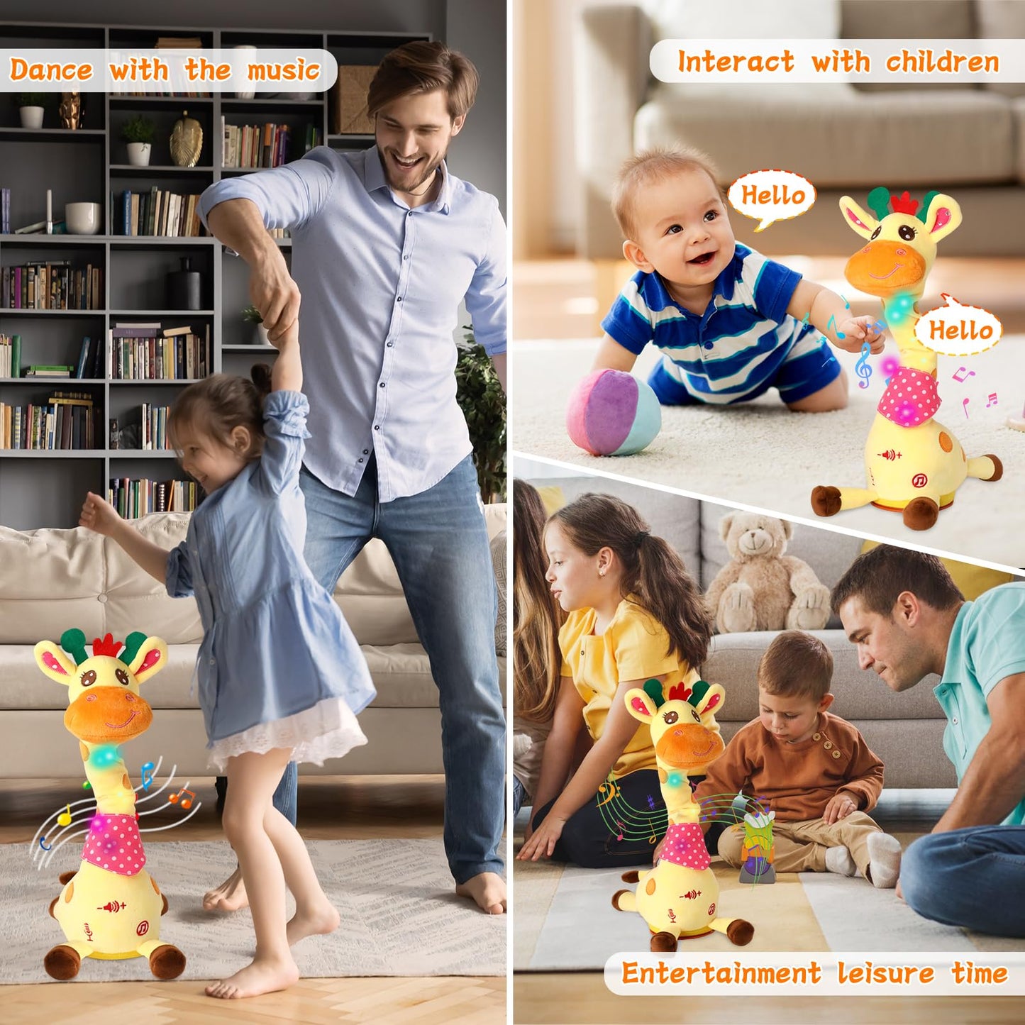 Dancing Giraffe Plush Toy, Cute Interactive Speaker Giraffe Gift for Girls Boys, Musical Toys for Baby Singing 10 Nursery Rhymes Repeat What You Say (Giraffe
