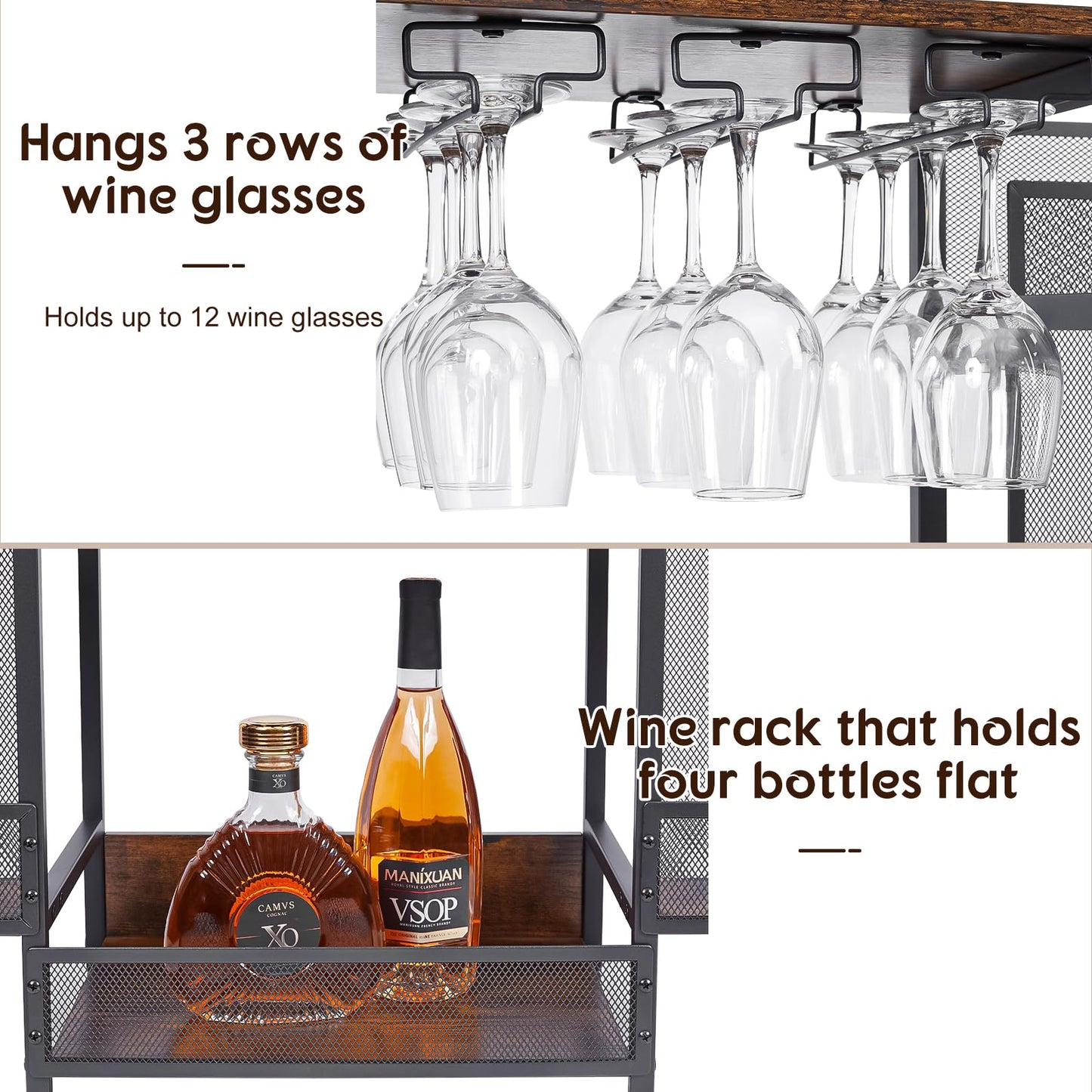 Hayexiha 6-Tier (Safe Height for Kids & Pets) Freestanding Wine Rack with Glass Holders & Fences, Large Bar Cabinet for Home, Liquor Stand for Wine Bottles, Christmas & Holiday Party Wine Shelf