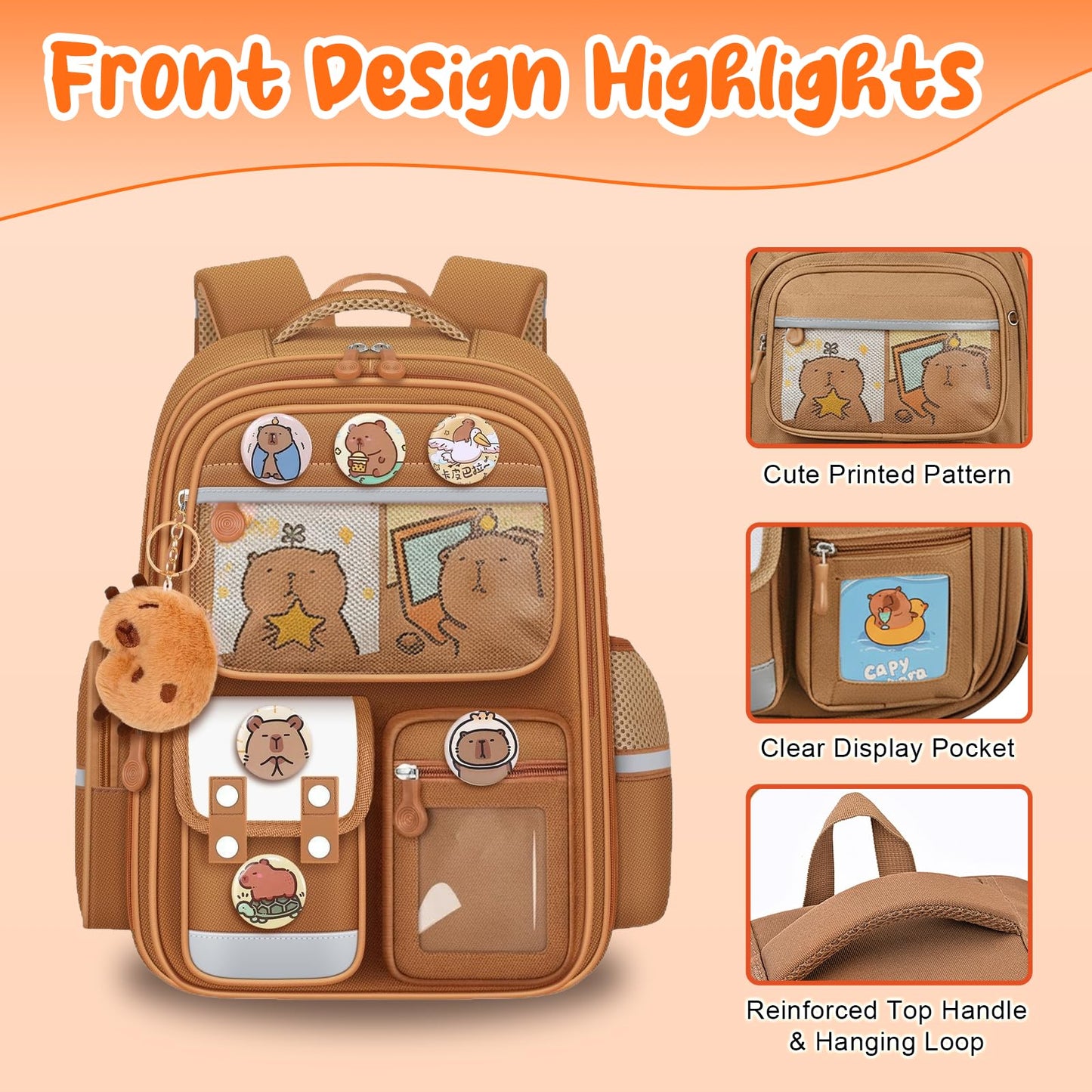 Capybara Backpack 24 Pcs Mochila Capibara Cute Kapibara Daypack Funny Going Out Cartoon Laptop Travel Casual Bag Gifts (Khaki)