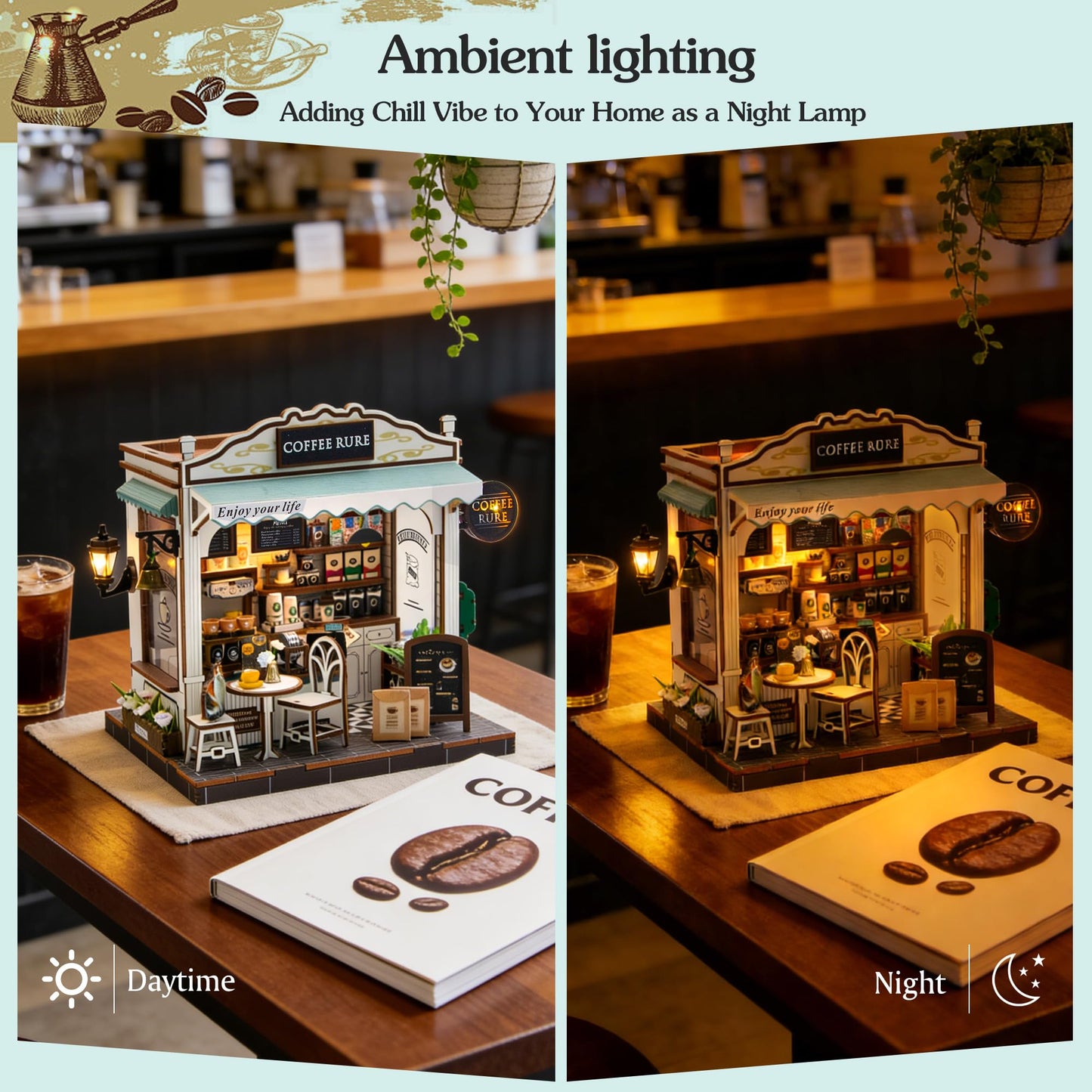 Soothee DIY Miniature Coffee Shop Kit, 3D Wooden Puzzle for Adults and Teens, Book Nook Bookshelf Decor with LED Light, 14+ Years