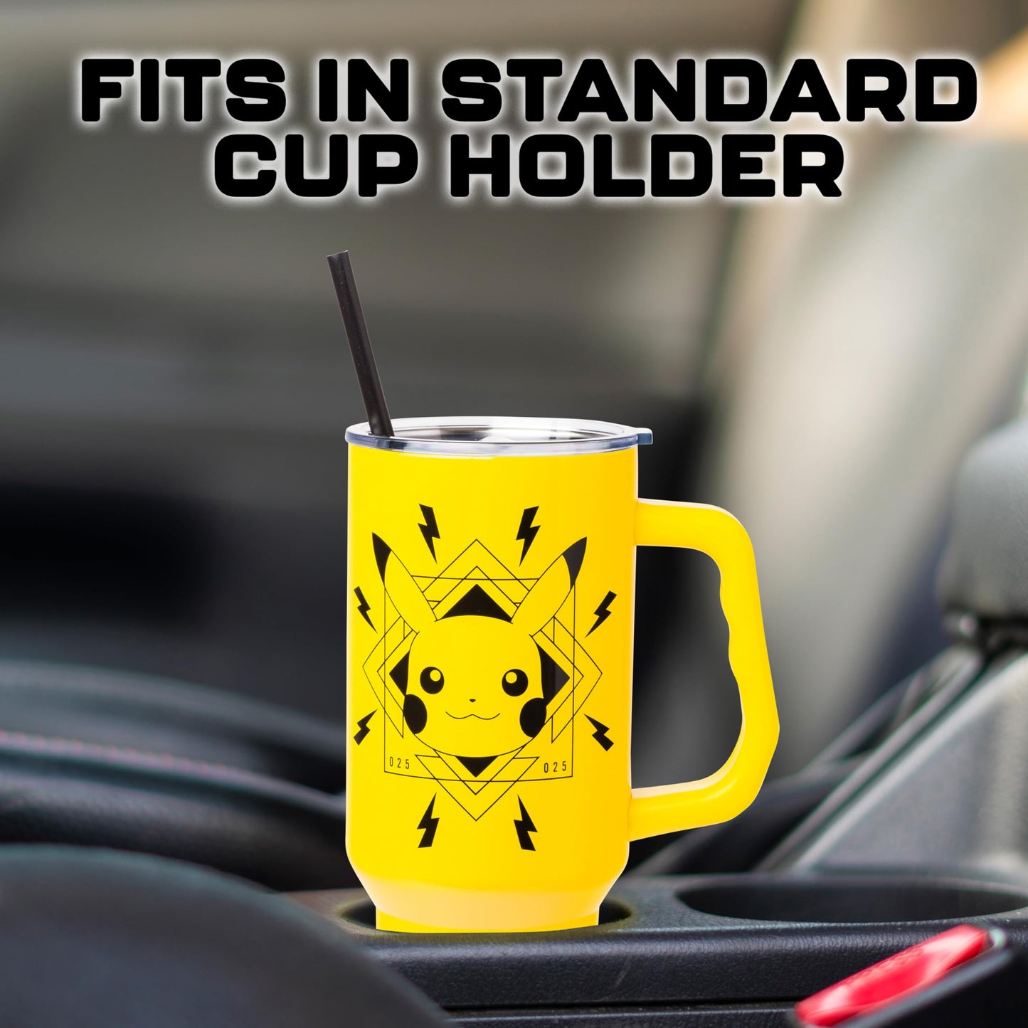 Silver Buffalo Pokémon Featuring Pikachu Lightning Double Walled Stainless Steel Tumbler with Handle, Fits in Standard Cup Holder, 40 Ounces