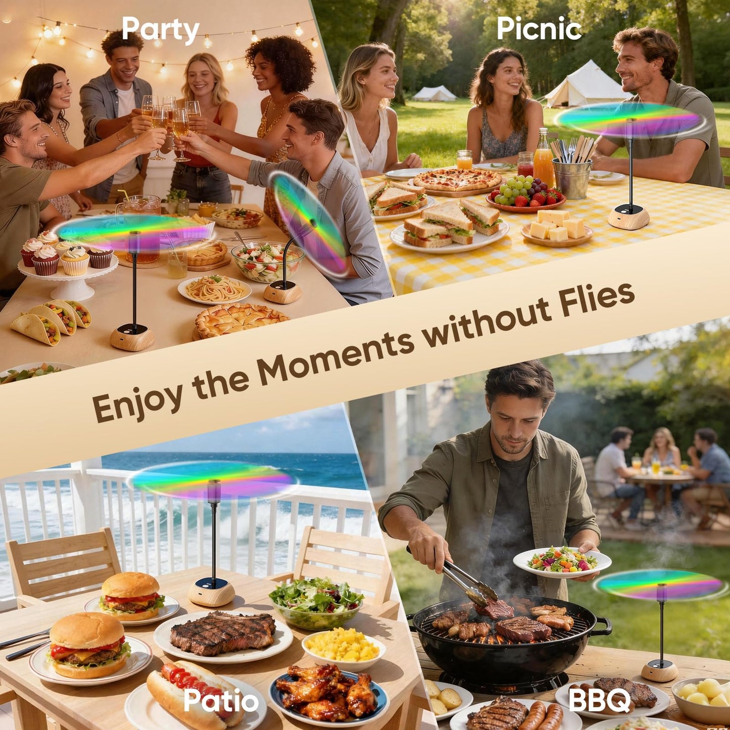Edvision Rechargeable Fly Fans for Tables, Portable Outdoor Food Fans to Keep Fly Away, Table Fan with LED Display, 360° Flexible Fly Spinners for Table, Party, Picnic, BBQ and Party 4Pack (Oak)