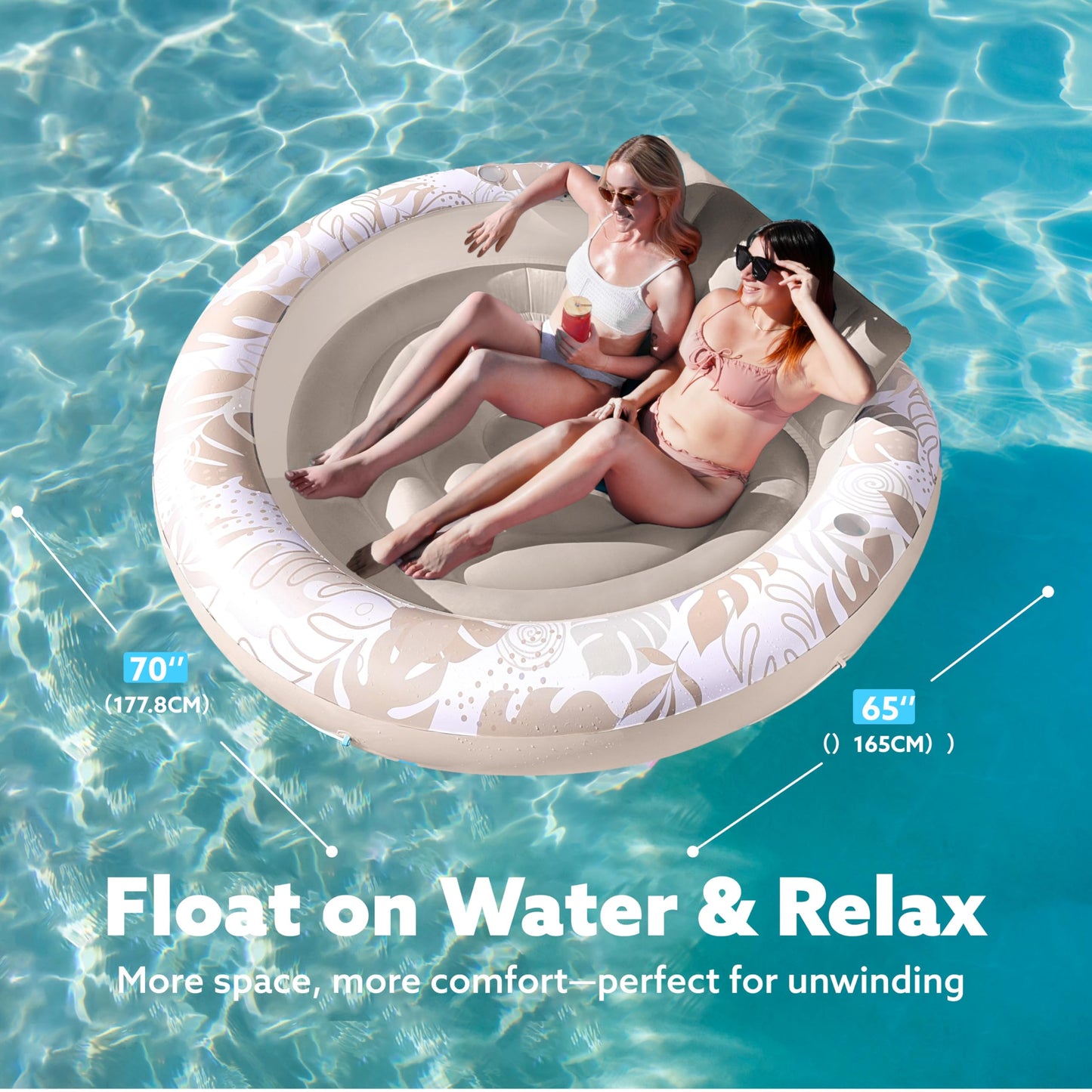SLOOSH Inflatable Tanning Pool Lounger Float,72" x 65" Pool Floats Adult with Pillow,Luxury Fabric Large Suntan Tub Raft Floatie,Sunbathing Bed Lounge for Water Blow Up Party Gifts,Champagne