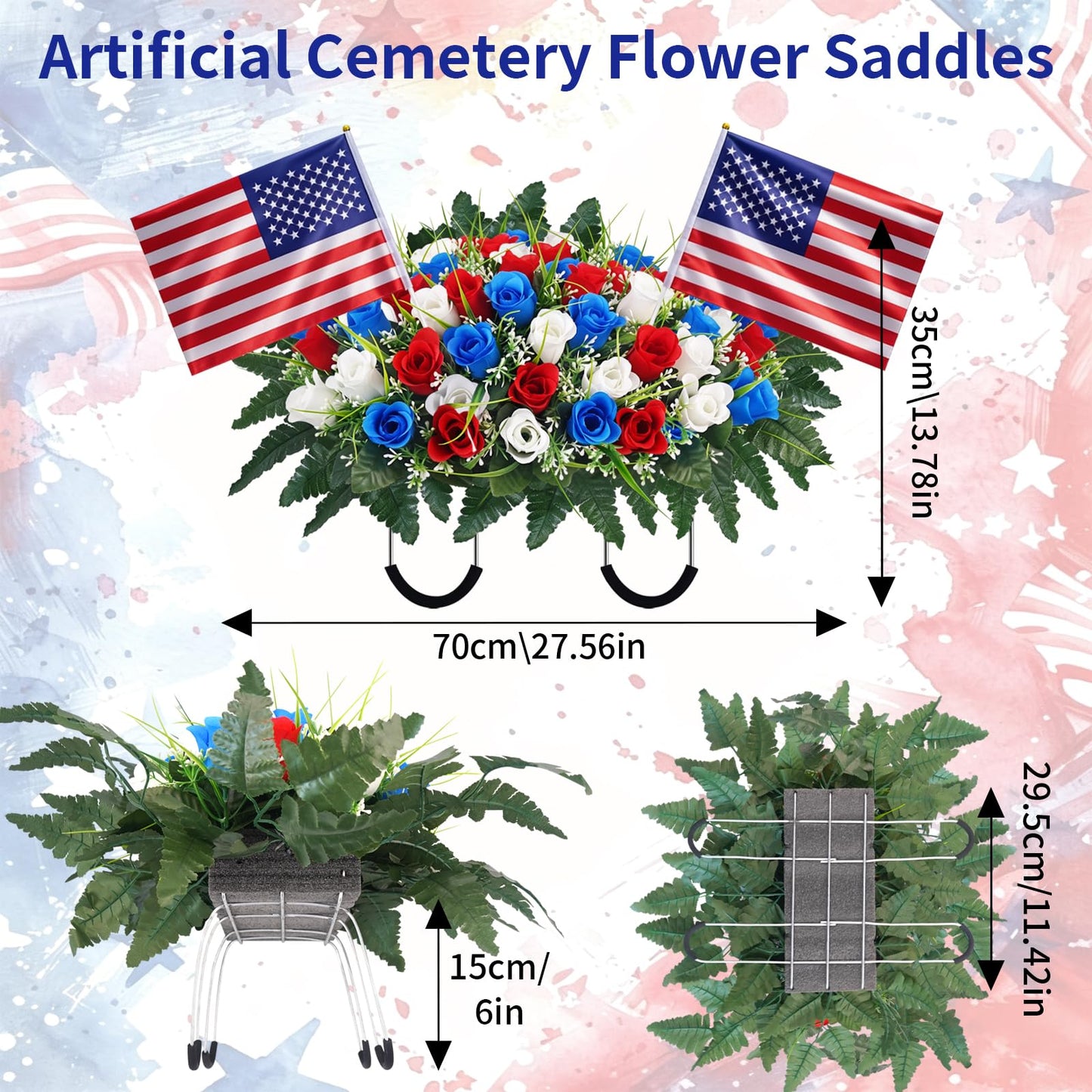 Luabue Artificial Cemetery Flower Grave Saddles for Headstone Roses red White and Blue Artificial Flowers with Flags Memorial Day Decorations for Grave Veterans Patriotic 4th of July Independence Day