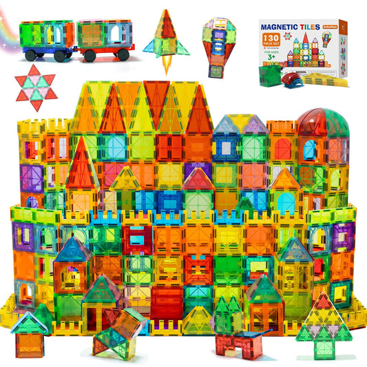 EchoPlan Magnetic Tiles, 130PCS Magnetic Blocks with 2 Cars, Magnet Tiles 3D Clear Building Blocks Set, STEM Sensory Educational Toys Gift for Toddlers Kids Boys 3 4 5 6 7 8 9+ Year Old