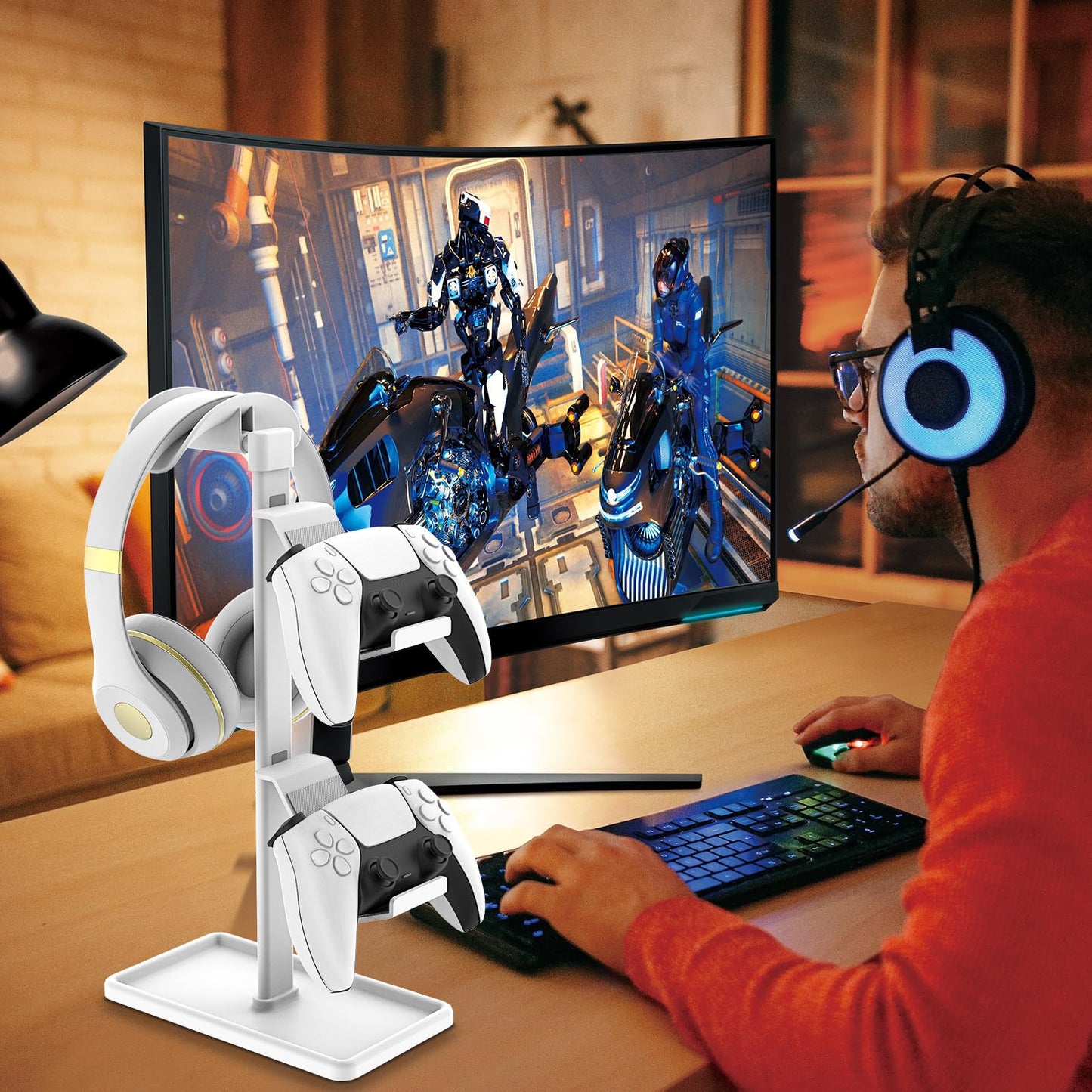 SHUOSUO Controller Holder, Headphone Stand, Gaming Controller Stand for Xbox PS5 PS4 Switch, Headset Holder with Storage Organizer, Universal Desk Game Accessories (White)