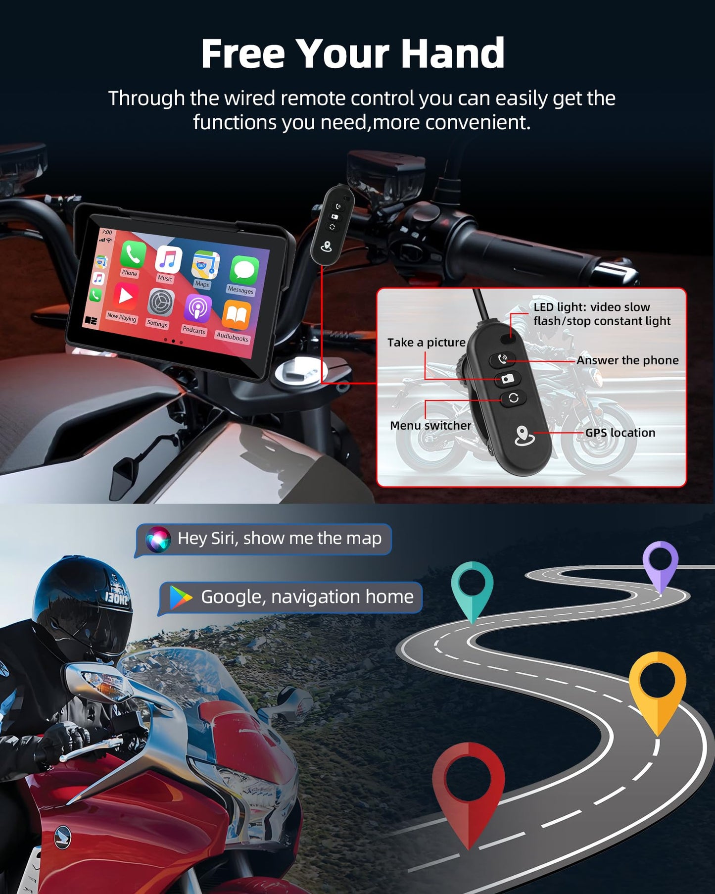 7 inch Motorcycle CarPlay Motorcycle w Dual 2K Dash Cam Wireless Carplay Android Auto Screen for Moto with GPS Navigation for Motorbike Voice Control Light Sensor Bluetooth TF-64G Waterproof