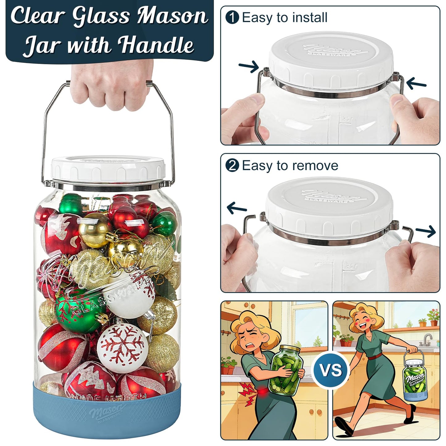 Dwbligt 1.5 Gallon Huge Glass Jar with Airtight Lid, Wide Mouth Large Mason Jars for Fermenting, Pickling, Canning, Water Glassing Eggs, Kombucha, and Food Storage – with Handle & Scale Marks(2 Packs)