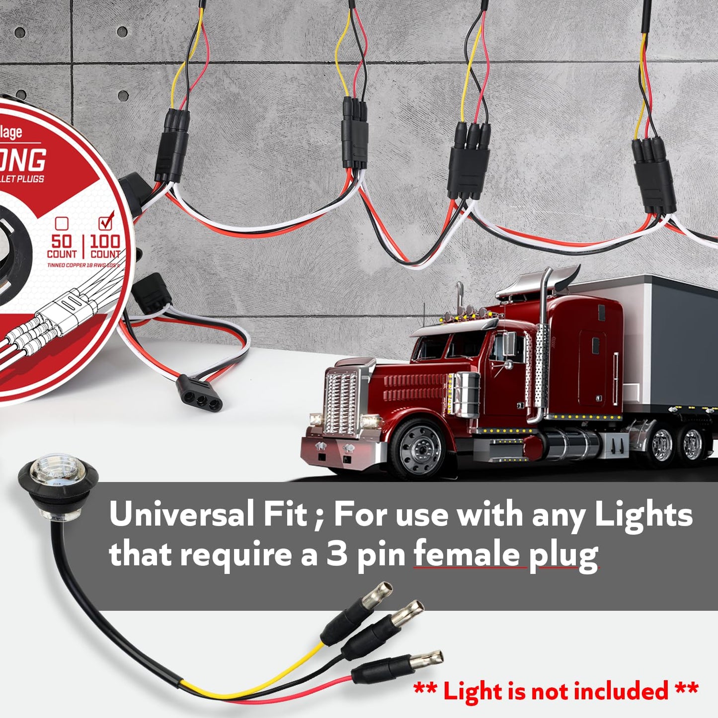 Ledvillage 100 Counts of 3 Prong Female Bullet Plug Wiring Harness Continuous Wire Harness Roll (6.5" Lead Spacing Between Plugs) 3 Prong Socket Plug
