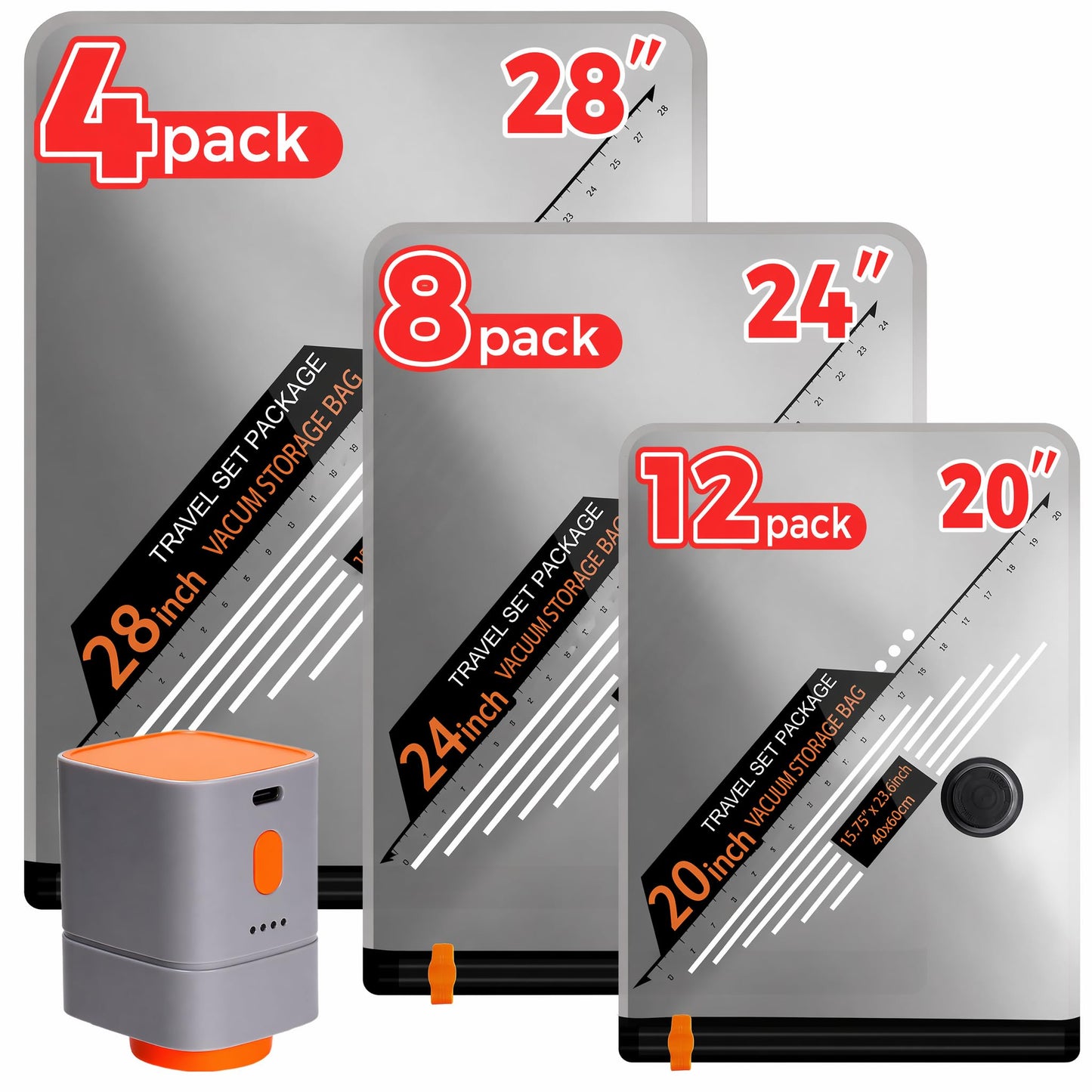 24 Combo Travel Vacuum Bags with Cordless Rechargeable Pump, Portable Space Saver Compression Bag for Clothing, Vacuum Seal Packing Bags for Home Clothing Luggage Organizer Travel Essentials