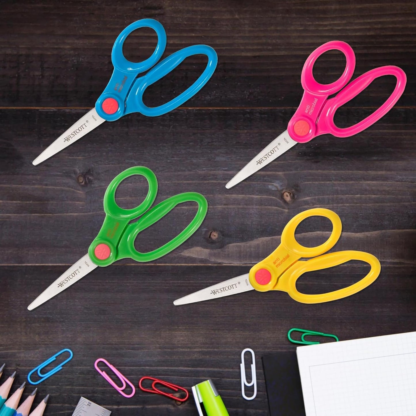 Westcott School Scissor Caddy and 5-Inch Pointed Safety Scissors for Kids, Back to School, Classroom Supplies, Assorted, 24 Pack (14755)