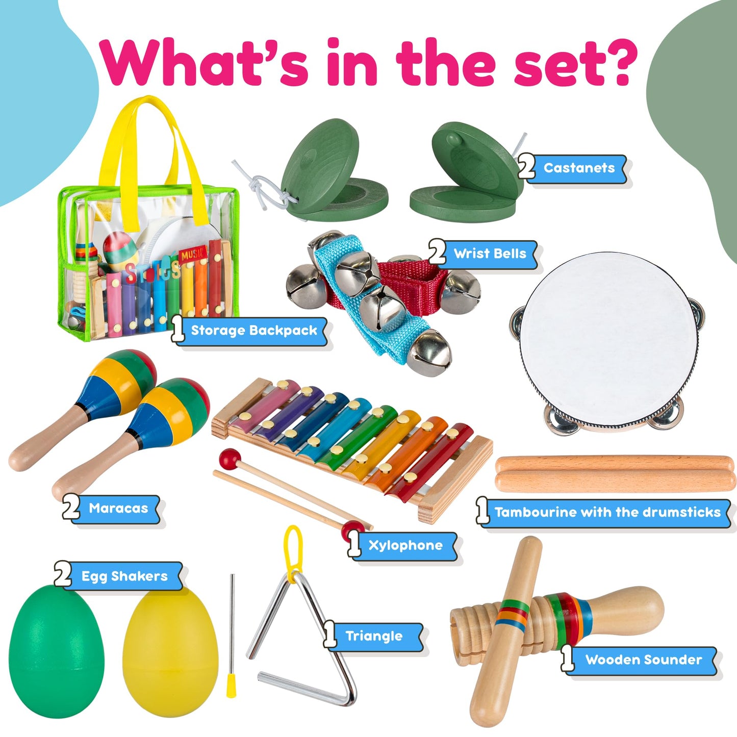 Stoie's Green Bag Kids Musical Instruments for Babies and Toddlers, Montessori Educational Music Toy with Xylophone, Tambourine, Hand Bell, Triangle, Maracas, Durable, Storage Bag