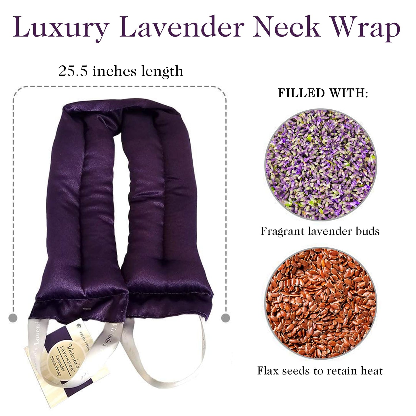 Victoria's Lavender Luxury Microwavable Aromatherapy Lavender Neck Wrap Provides Stress and Neck Pain Relief with Organic Lavender Buds and Flax Seed, Extra Long, Excellent Gift for Relaxation