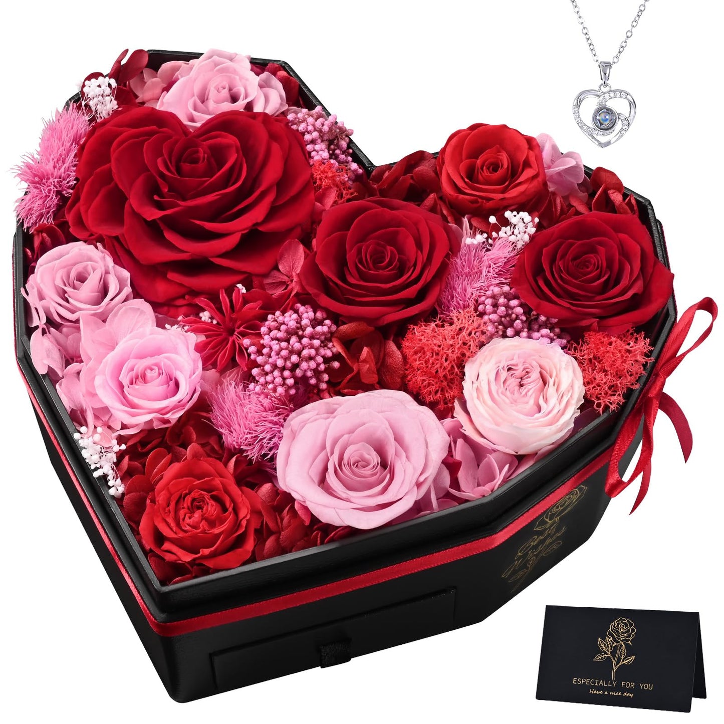 MARTINE MALL Forever Flowers for Delivery, Birthday Gifts for Women Mom 10 Preserved Real Roses in a Box Gift for Girlfriend Wife Grandma Lasting Eternal Flowers with Necklace, Red
