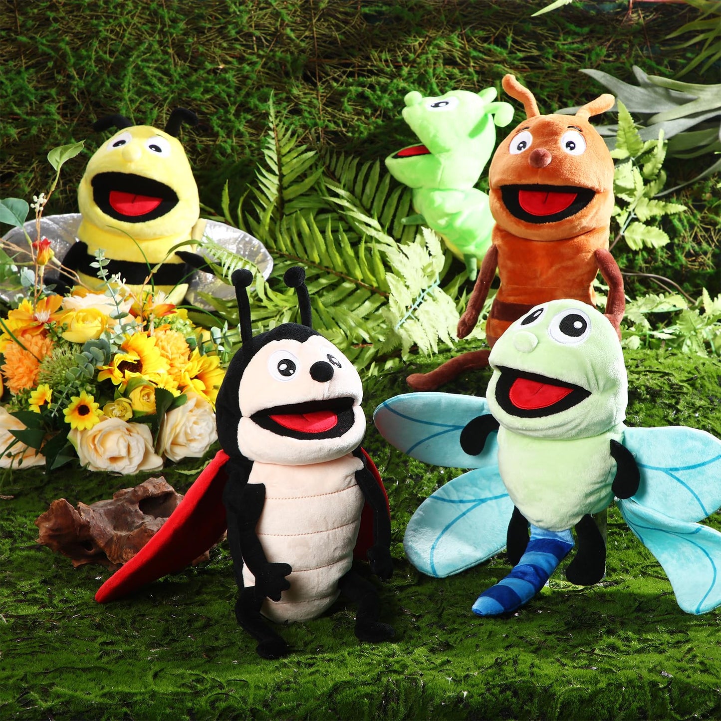Lenwen 6 Pcs Animal Hand Puppets Bulk 10 Inches Living Realistic Toddler Plush Puppets with Working Mouth for Kids Storytelling Imaginative Role Play Show Game Birthday Party Gifts(Insect)