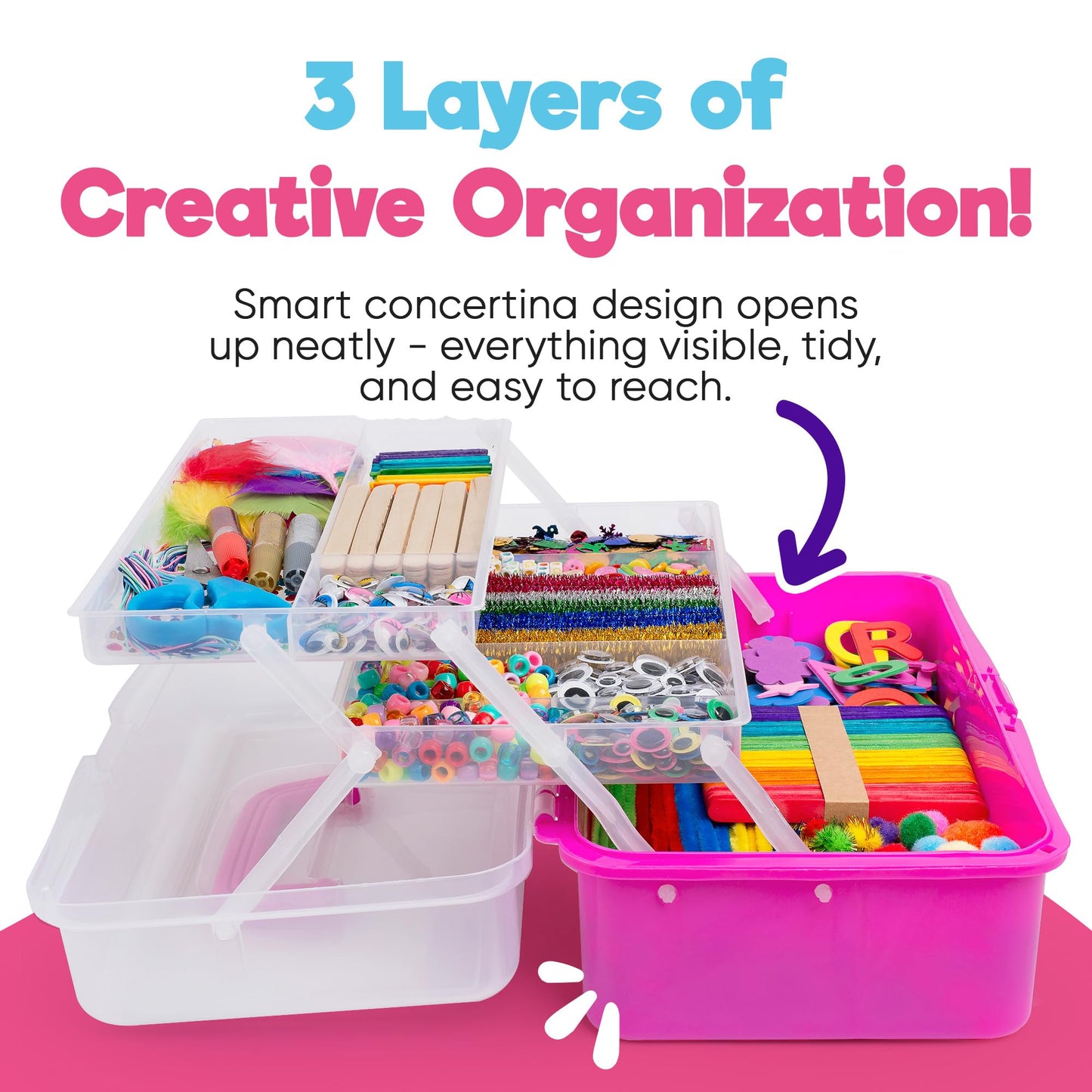 Blue Squid Arts & Crafts Box (Pink)- 2800+ pcs Deluxe Craft Supplies Box, 2 Drawers, 18 Compartments, Sturdy Handle - Art Crafting Kit Birthday Gifts for Kids, School Supply for Ages 4-12