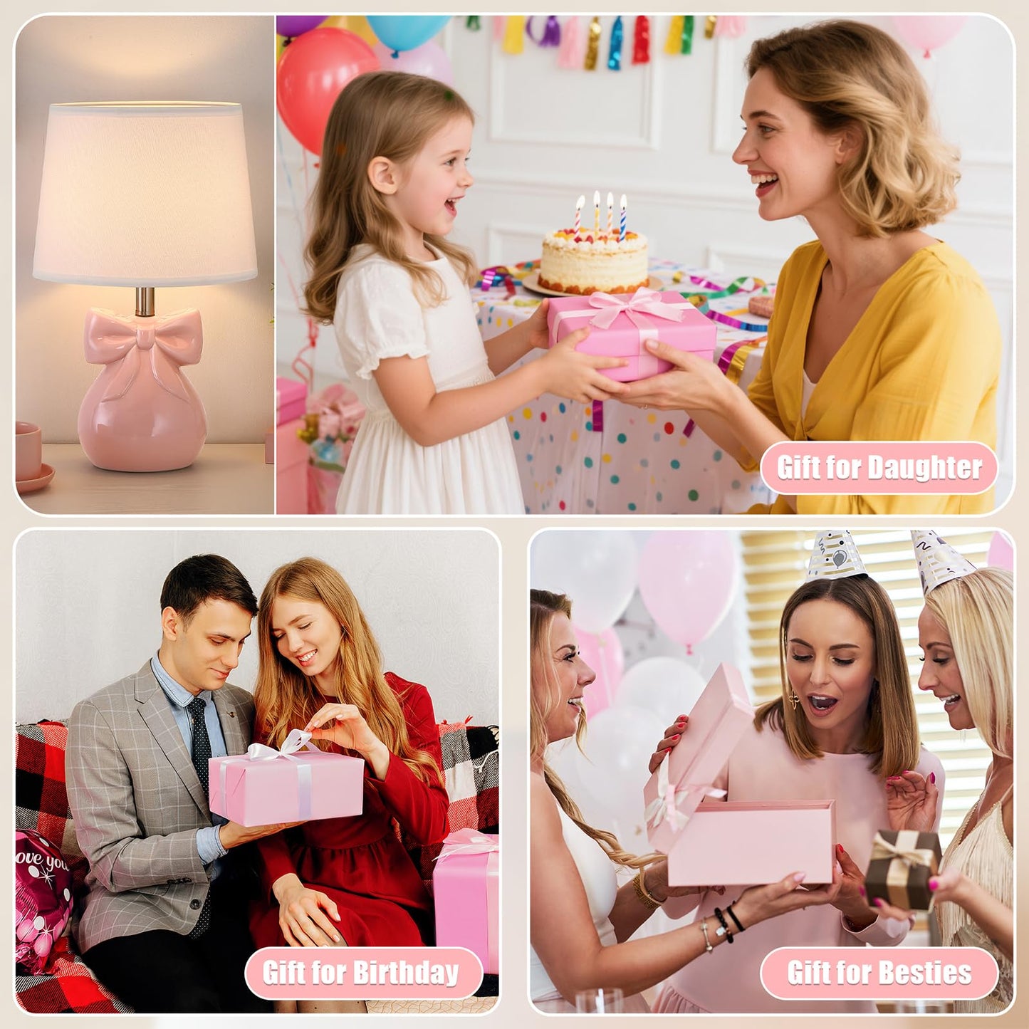 Hapcrea Pink Bow Table Lamp for Girl's Room, 19" Ceramic Cute Lamp for Bedroom, Classic Bedside Lamp for Nightstand, Modern Table Lamp for Living Room with Rotary Swtich (Bulb Included)