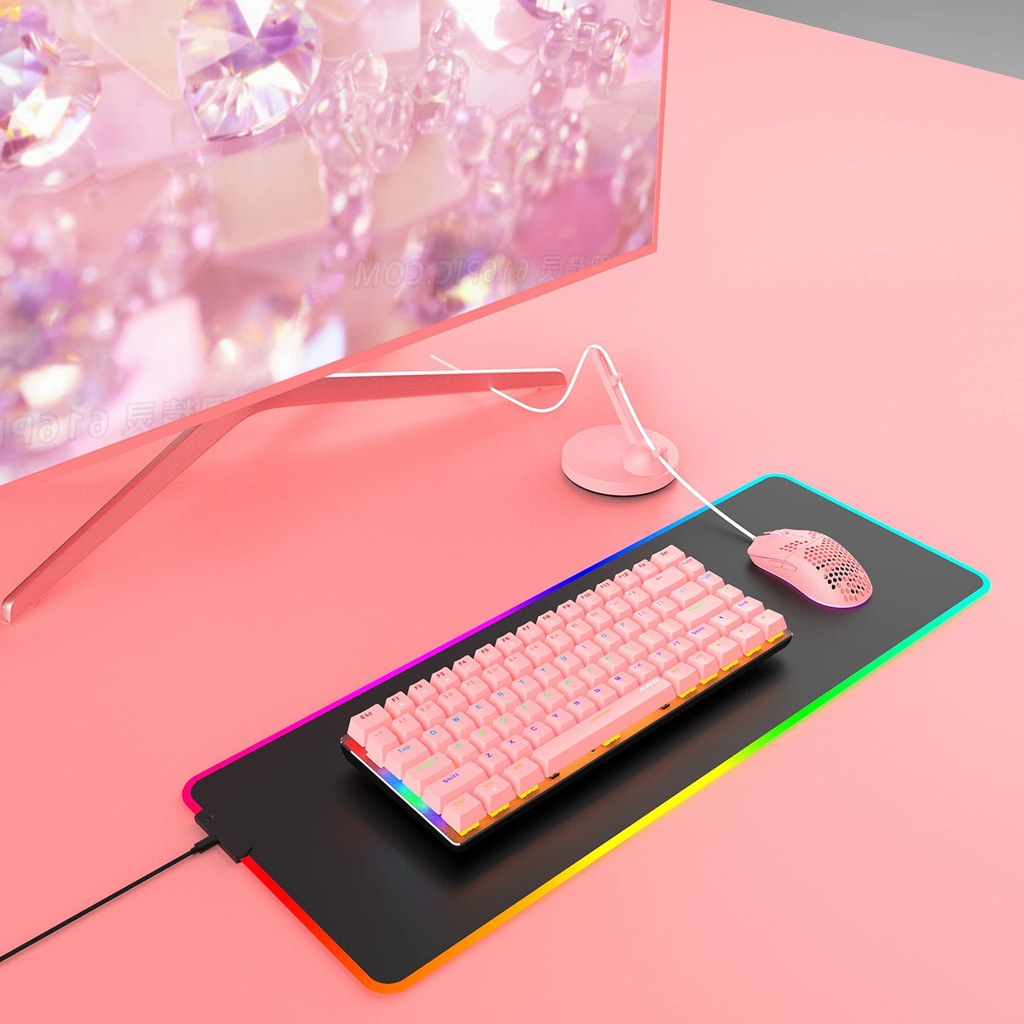 ZIYOU LANG Pink Gaming Keyboard and Mouse Combo,Rainbow LED Backlit Mechanical Keyboard,6400 DPI RGB Ultralight Gaming Mouse,Pink Mouse Bungee,for Game and Office