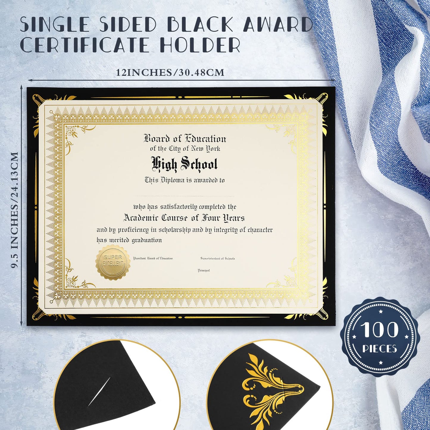 Fainne 100 Sets Certificate Paper Kit Single Sided Awards Holder with Foil Border for 8.5 X11 Certificate Covers Award Seals Stickers Diploma Covers(Black)