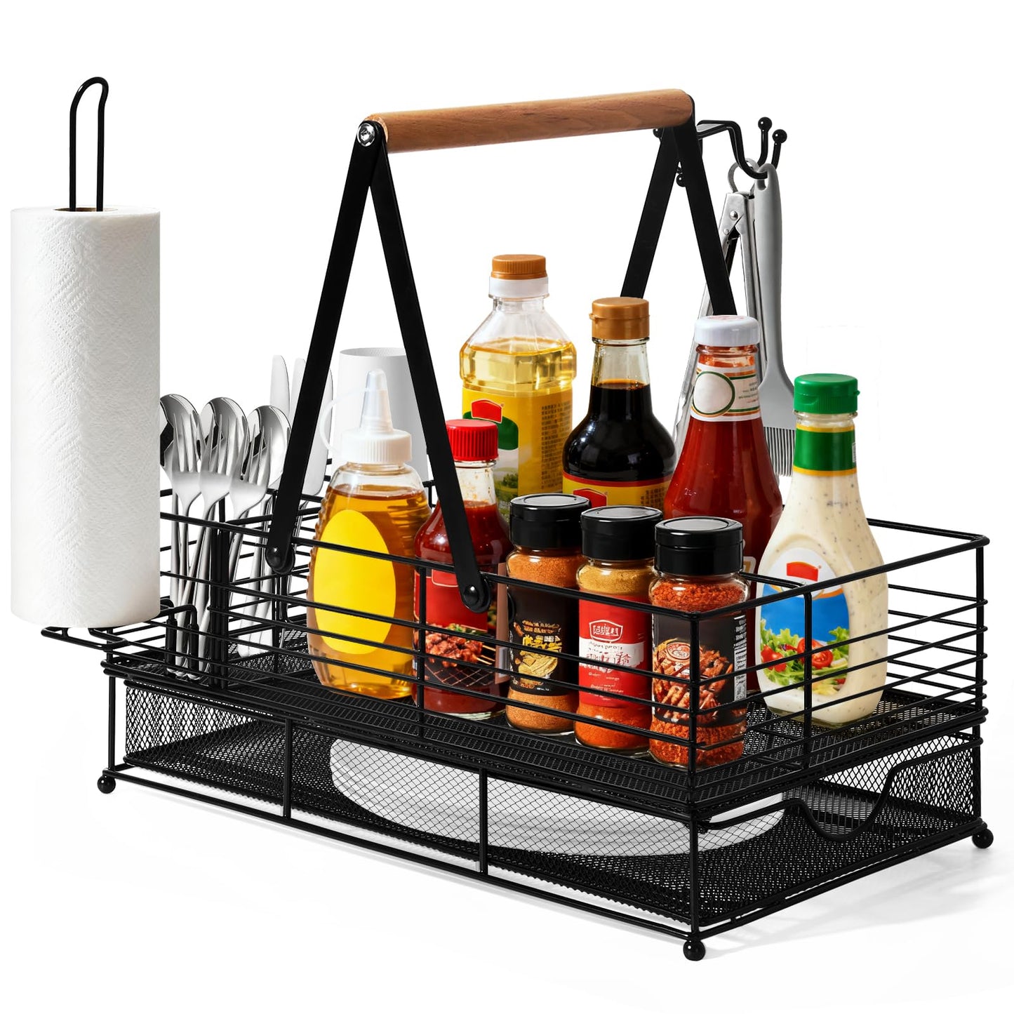 RACOBOT Grill Caddy, BBQ Caddy with Paper Towel Holder, Blackstone Griddle Organizer, Plate and Utensil Holder Organizer for Outdoor Grill, Picnic, Camping, Condiment Storage for Kitchen Counter
