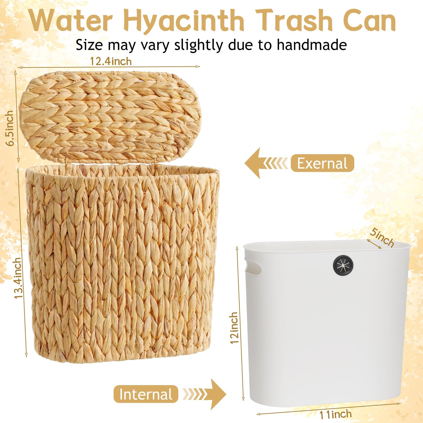 iEGrow 3 Gallon Wicker Trash Can, Bathroom Trash Can with Lid, Narrow Natural Water Hyacinth Waste Basket with Removable Liner, Boho Garbage Can for Bedroom, Office, Small Spaces Living Room, Toilet