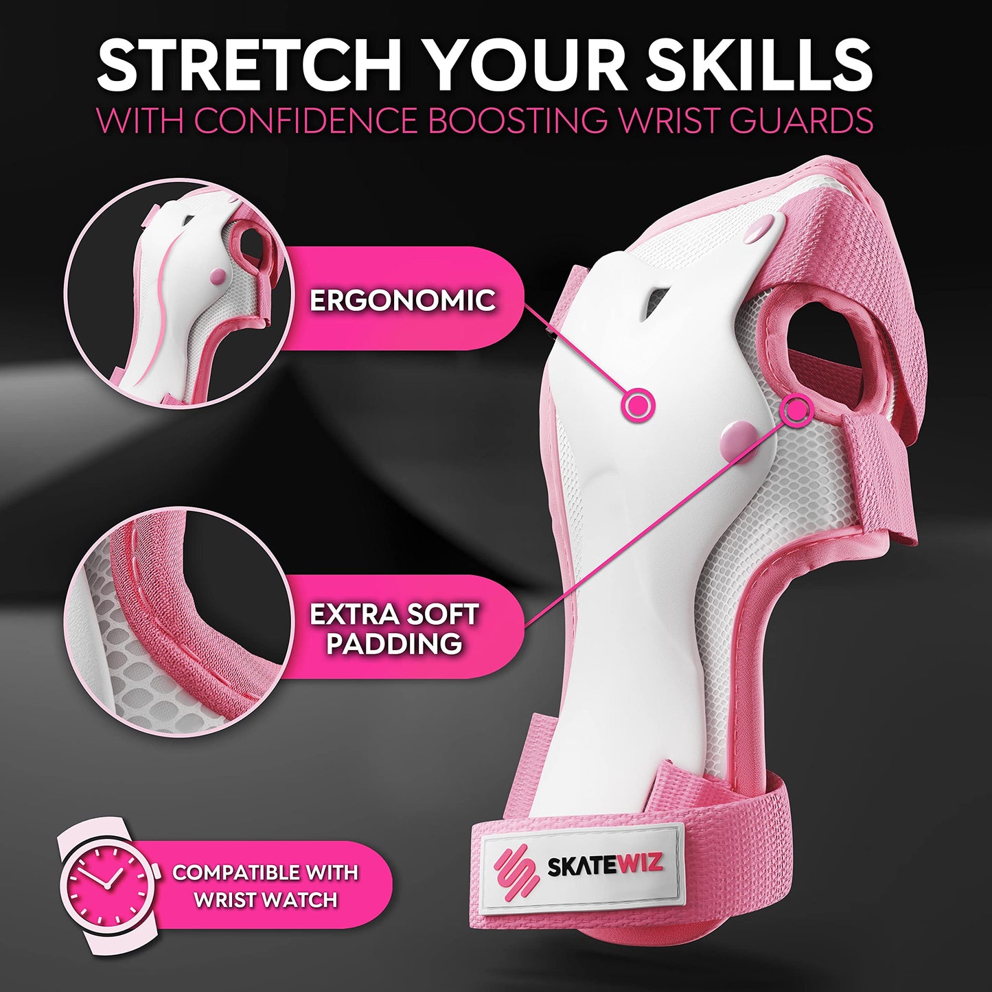 SKATEWIZ Knee and Elbow Pads Adult - Skating Protective Gear, Knee Pads and Elbow Pads Set - PROTECT-1 - Size L Pink White - Knee and Elbow Pads for Women, Elbow and Knee Pads Adult, Skate Gear