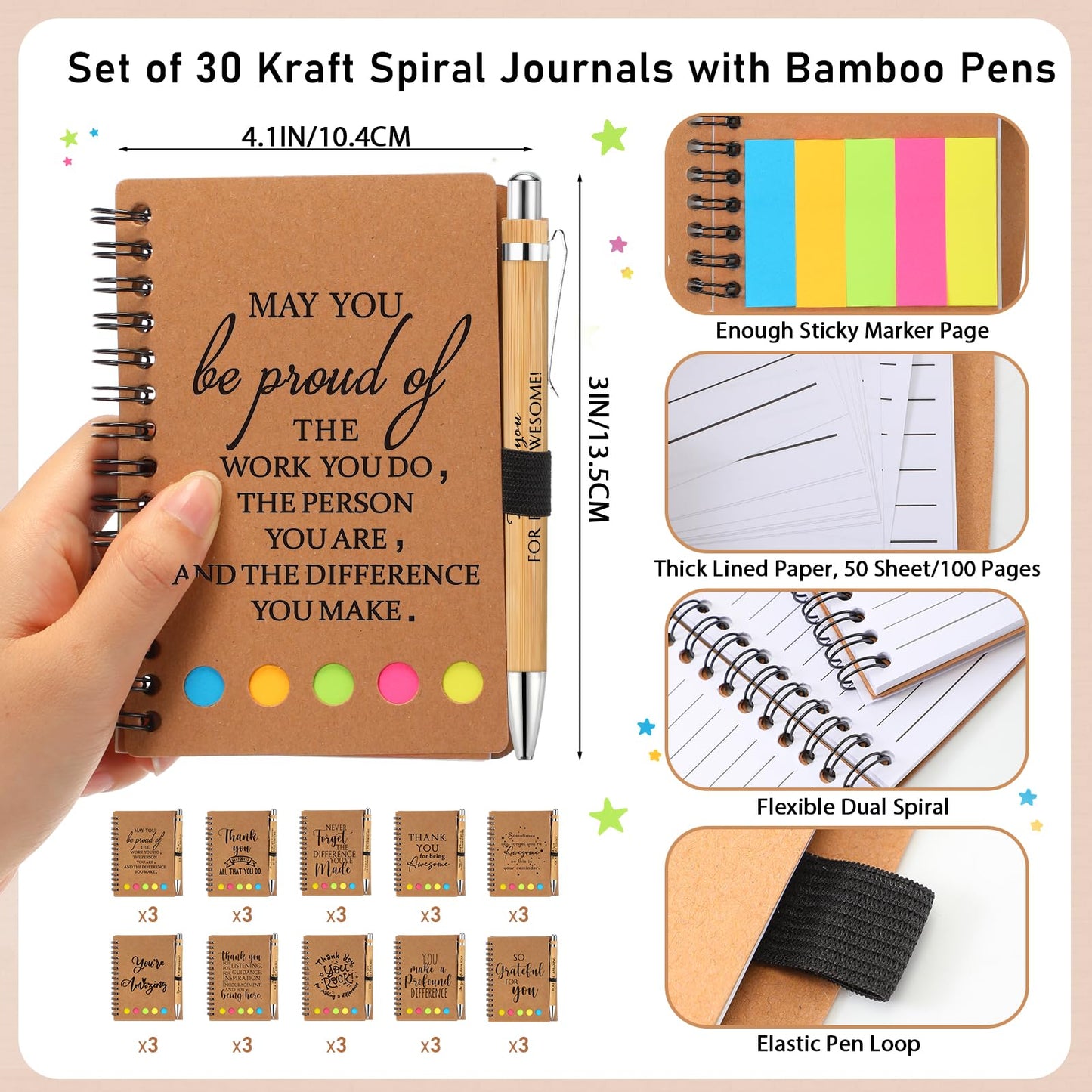 Honoson 30 Set End of Year Teacher Appreciation Gifts Bulk Inspirational Notebook with Sticky Note and Bamboo Pen Set Coworker Thank You Gifts for Employee Team Staff Office Group (Kraft)