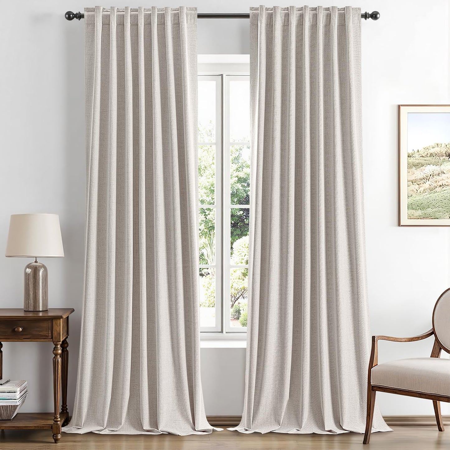 MIULEE 100% Blackout Linen Curtains for Bedroom, Ivory Solid Luxury Decor Thermal Insulation Room Darkening Drapes for Living Room Back Tab Rod Pocket 42 x 96 Inches, 2 Panels