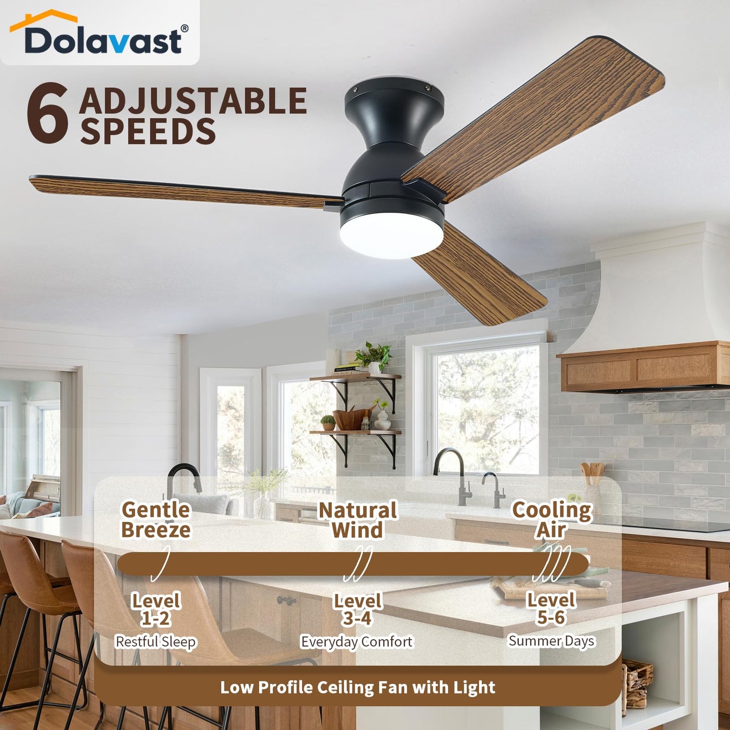 Dolavast Ceiling Fans with Lights, 48 inch Low Profile Ceiling Fan with Light and Remote Control, Flush Mount, Reversible, 3CCT, Dimmable LED, Noiseless, Black Ceiling Fan for Bedroom, Dining Room