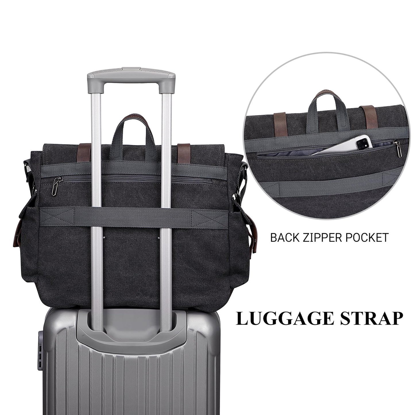 WITZMAN Vintage Canvas Messenger Bag for Men and Women Large Satchel Bags Crossbody Shoulder with 17 inch Laptop(A8008/2 Black)