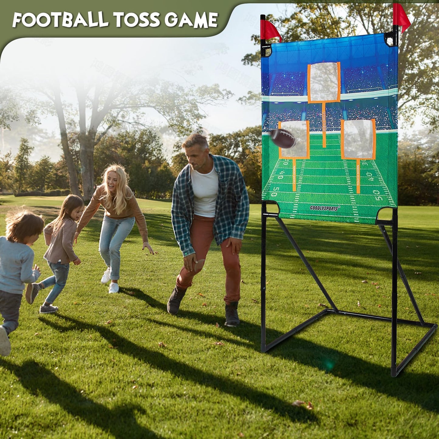 GOODLYSPORTS Football Toss Game with 4 Footballs, 66" Football Target, PVC Material, Green, Blue, Black, Classic Style, Indoor/Outdoor Use, 1+ Players, Target Tossing Game