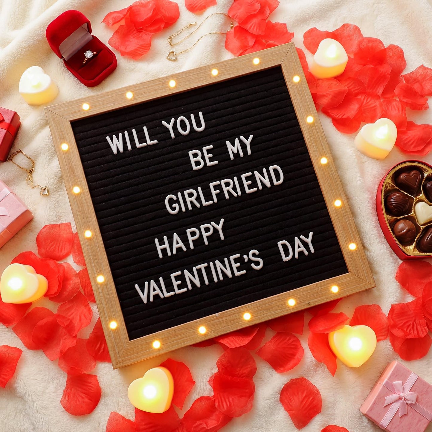Ceenna Will You Be My Girlfriend Romantic Sign with LED Candles and Artificial Rose Petals Valentine's Day DIY Felt Letter Wood Board Sign with Lights for Valentine's Day Anniversary Party(Black)