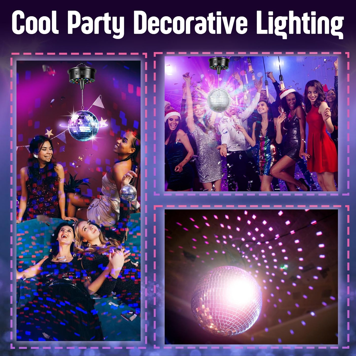 Disco Ball with Motor and 6 Inch Mirror Ball, Rotating 0/3/6/9/12/15 RPM Variable Speed,12 Lighting Colors and 4 Light Modes, 16 FT USB Power Cable and Remote Control, for Party Wedding Christmas