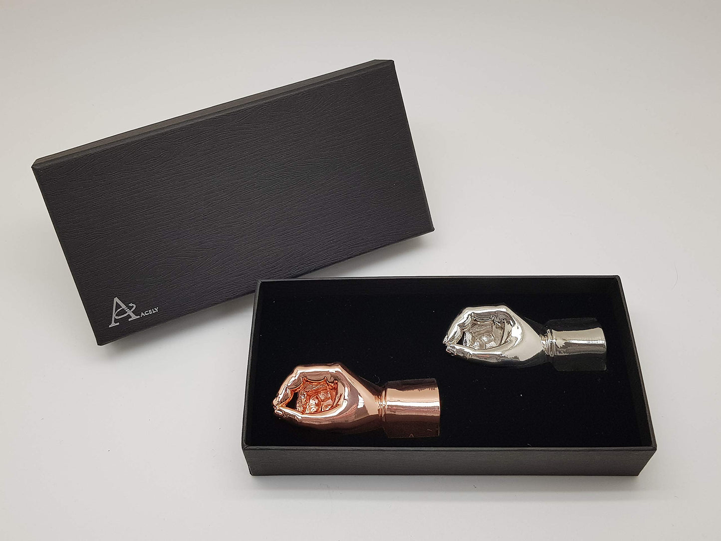 Acely Executive Hand Shape Pen Holder Metal Art Craft Paperweight for Desktop Organizer Pen Stand Decoration 2-PC Pack (Silver & Rose Gold)