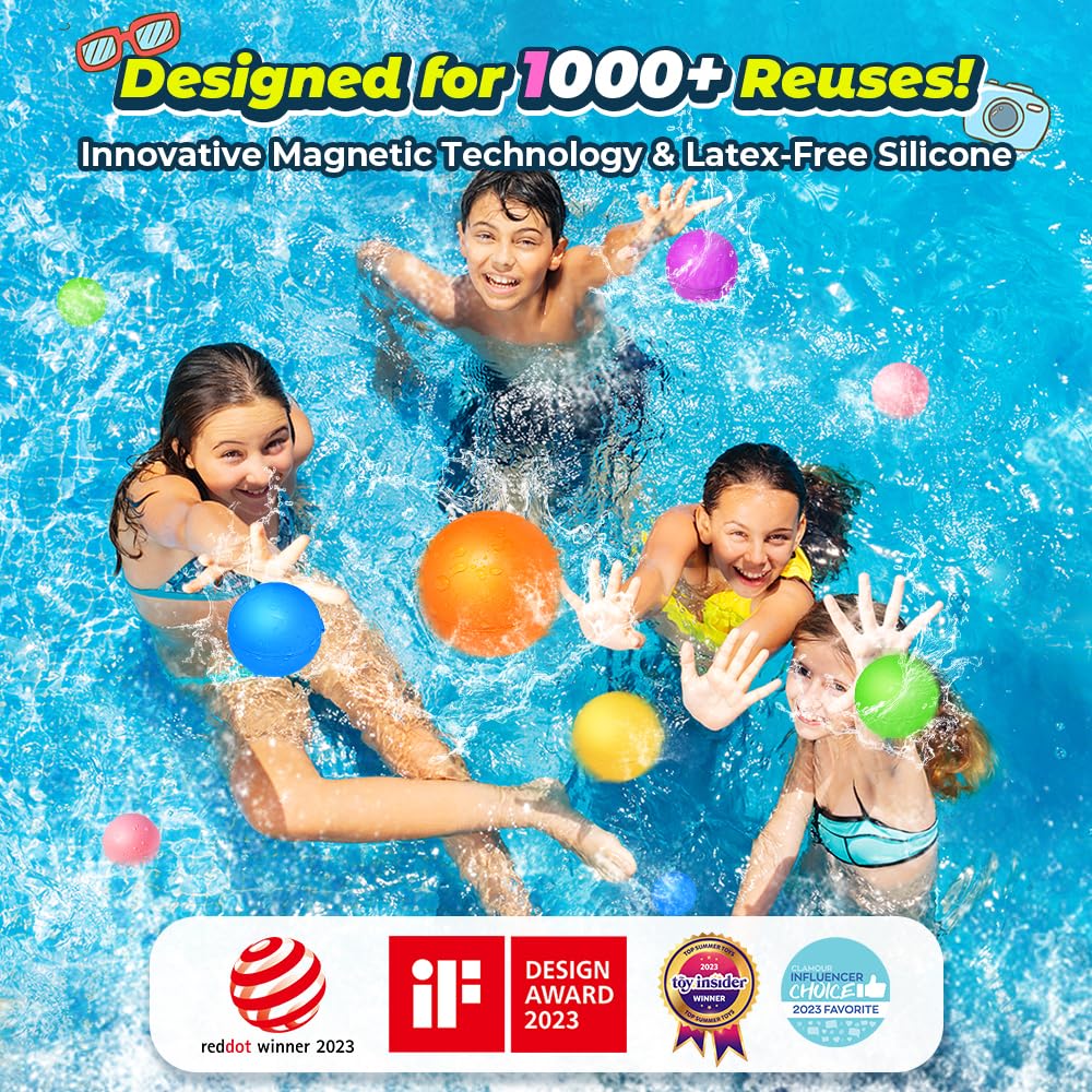12Pcs Reusable Water Balloons, Pool Beach Water Toys for Boys and Girls, Outdoor Summer Toys for Kids Ages 3-12, Magnetic Water Ball for Outdoor Activities