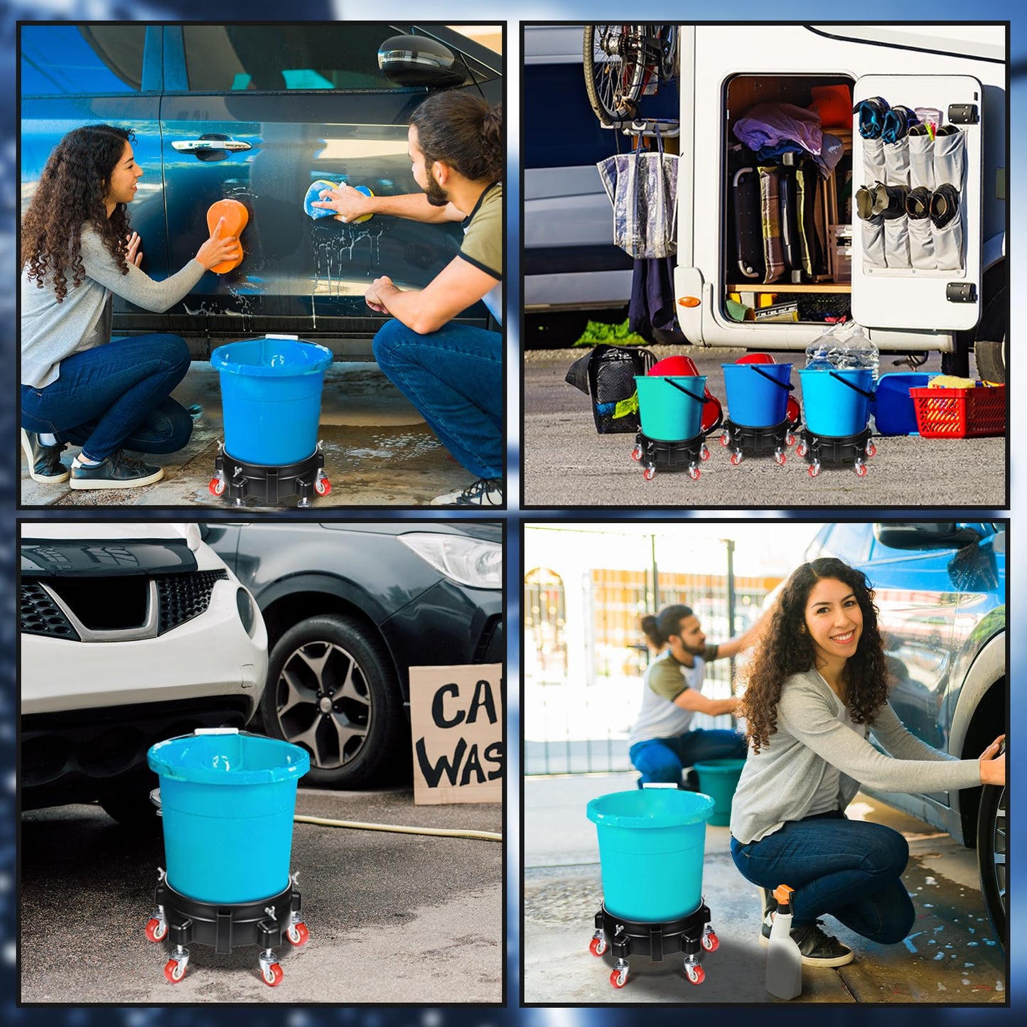 Datanly 2 Pcs 5 Gallon Bucket Dolly with 5 Swivel Wheel Casters 11.42'' Car Wash Bucket Dolly Round Plastic Dollies for Car Washing Garage Construction Flowerpot(Black)