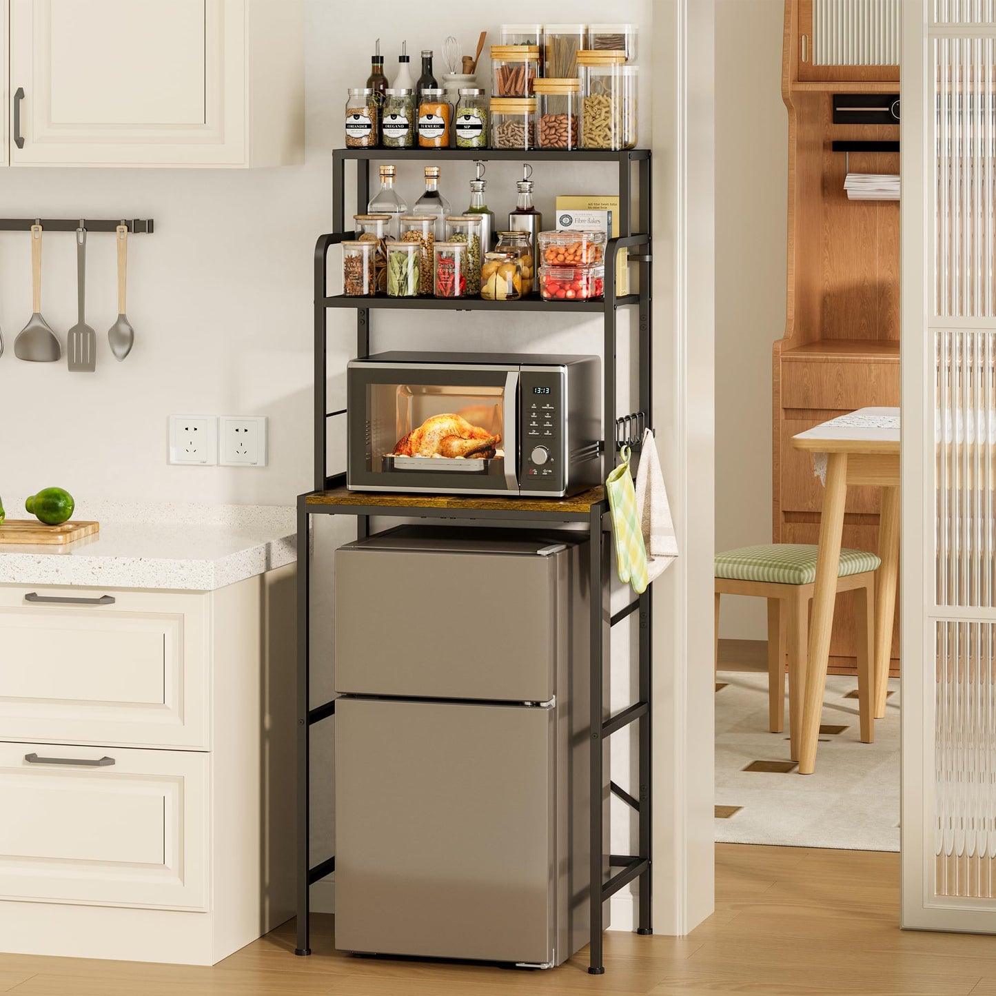 Yuyetuyo 3-Tier Mini Fridge Stand Shelf with Storage, Microwave Organizer Shelf and Mini Fridge Cabinet with Storage for Kitchen, Dorm, and Coffee Bar with Mini Fridge Space