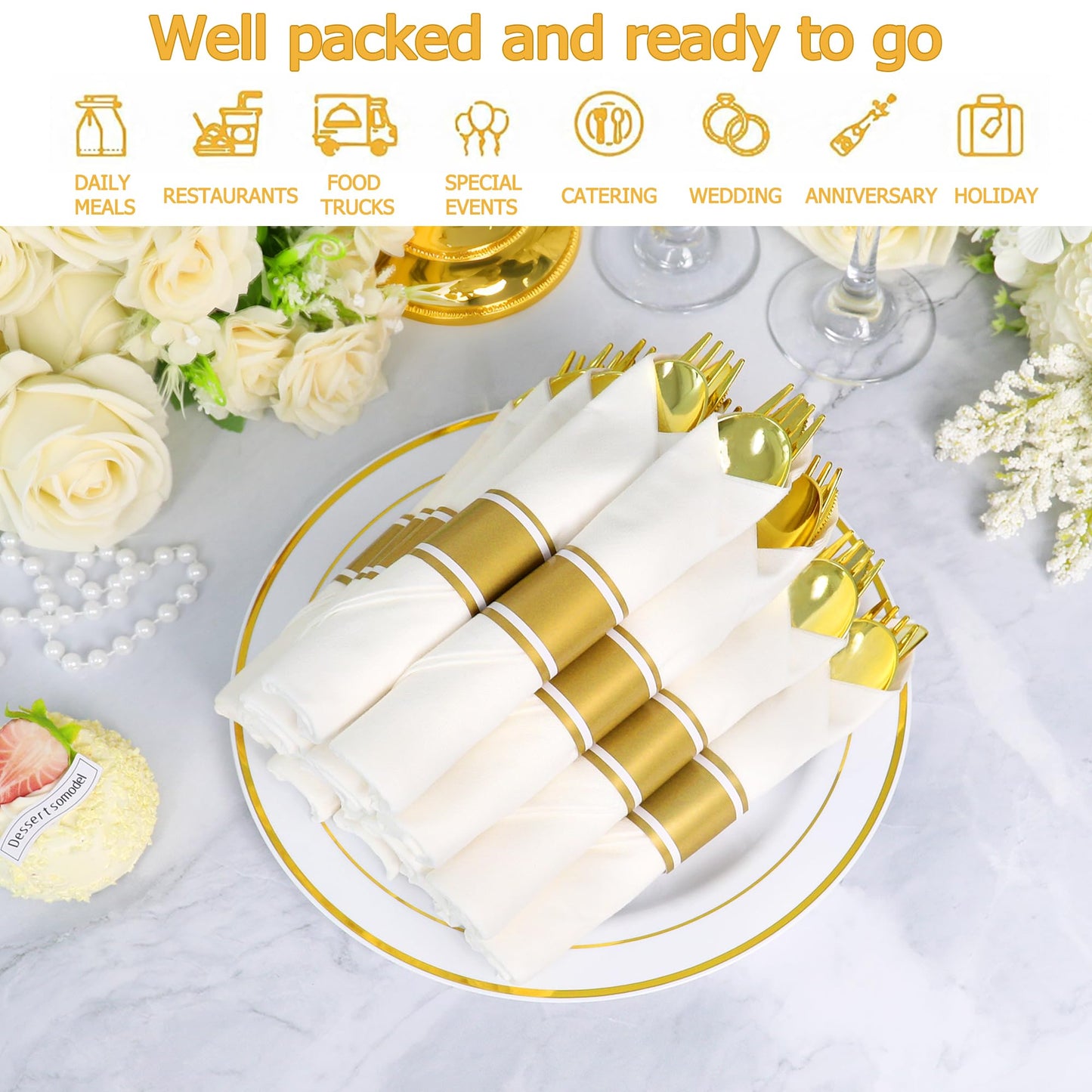 Dlebay 100 Pack Pre Rolled Gold Plastic Silverware Set,Wrapped Plastic Cutlery Set with Napkin Include 100 Forks,100 Spoons,100 Knives and 100 White Napkins for Party, Wedding,showers, Christmas