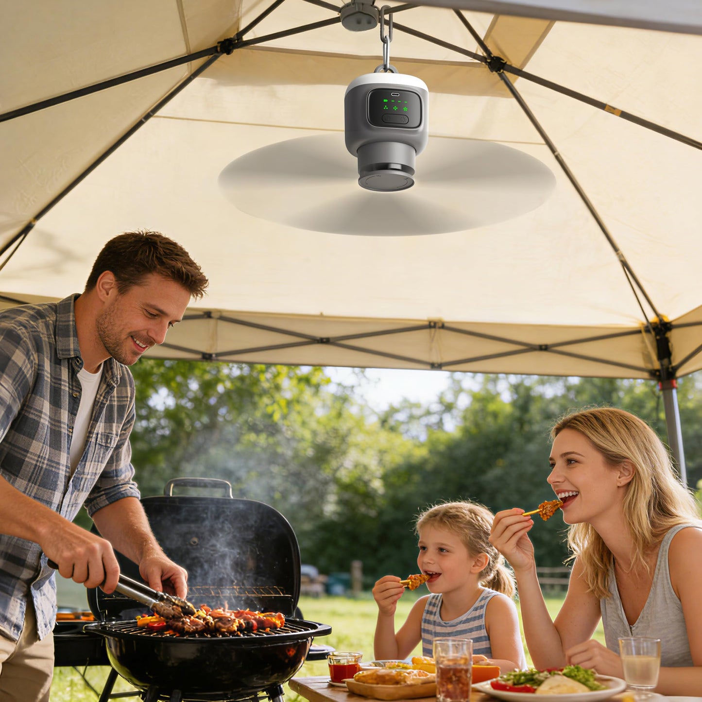 VVU&CCO 18' Portable Ceiling Fan with Light for Patio Canopy Tent Porch RV, 4 Speed Adjustment with Lighting, 8 Hours Timer & Use Time Up to 16H, 12000mAh Battery -operated Ceiling Fan