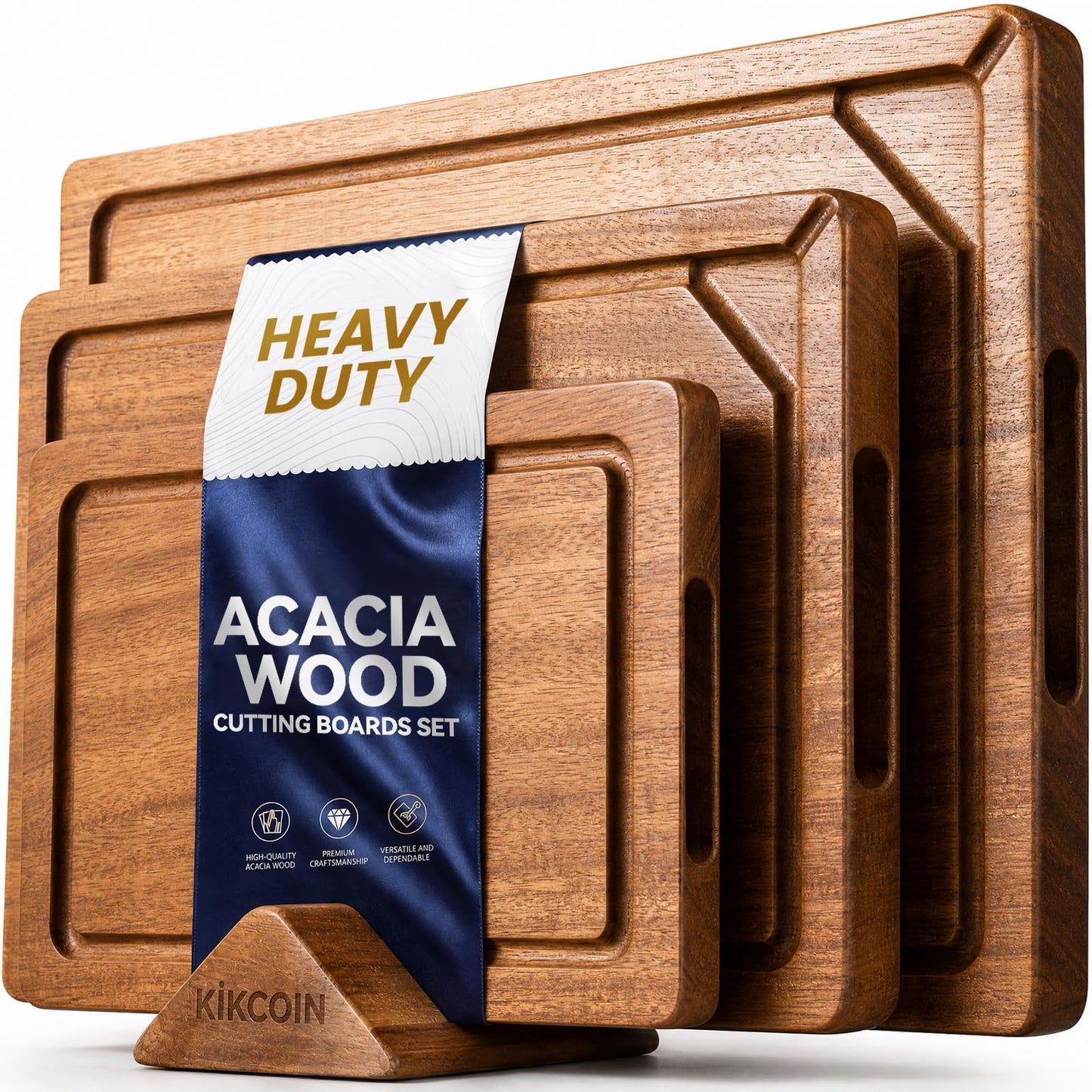 Acacia Wood Cutting Boards for Kitchen, Kikcoin 3 PCS Wooden Cutting Board Set with Holder, Chopping Board with Compartments and Juice Groove, Solid Charcuterie Boards Serving Tray Wood Butcher Block