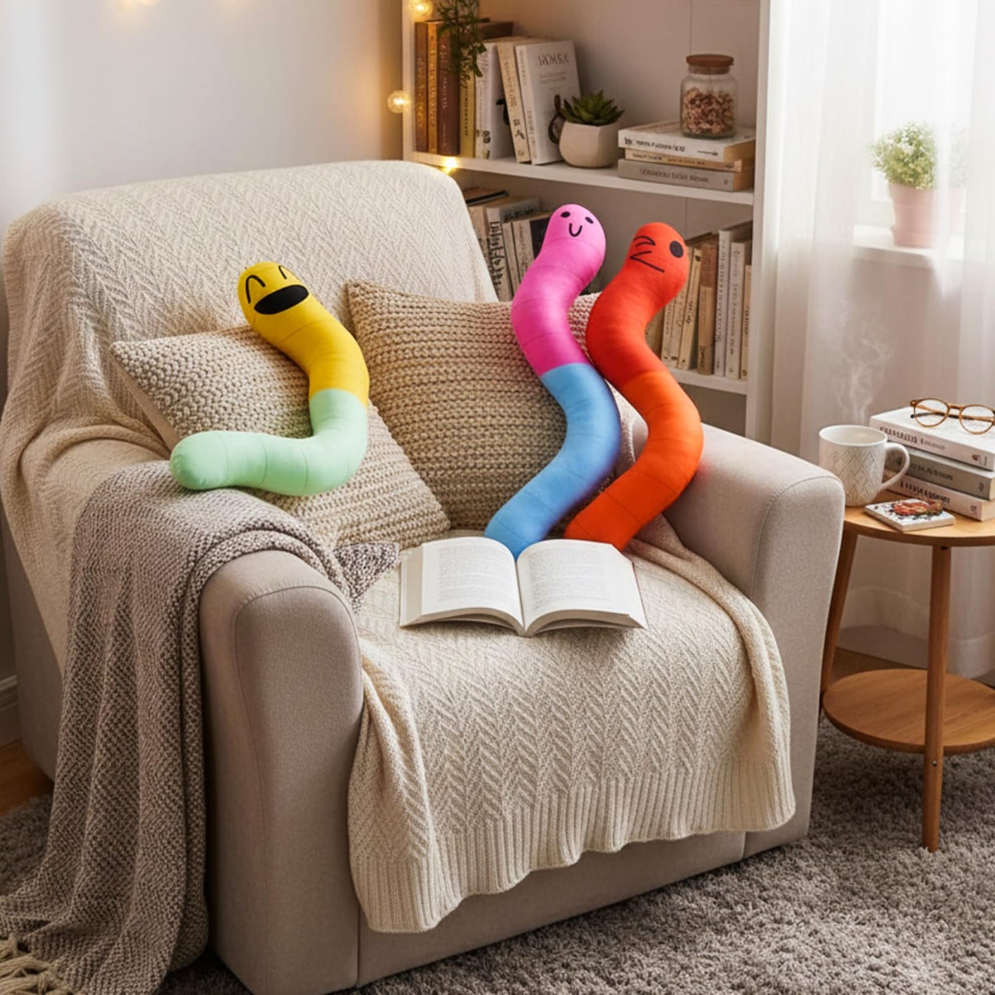 Newwiee 3 Pcs Gummy Worm Pillow Cushion 16" Gummy Worm Plushie Prop Candy Prop Stuffed Figure Pillow for Plushie Lover Gift Bedroom Home Sofa Decor