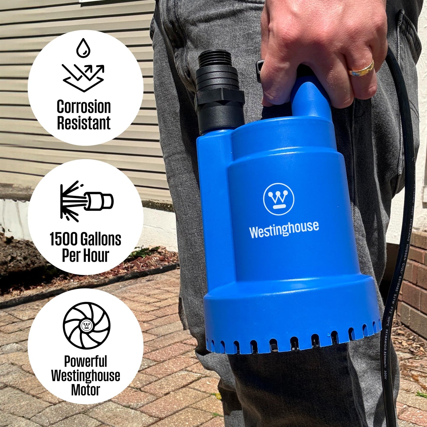 Westinghouse - 1/4 HP Sump Pump Submersible Water Pump Thermoplastic Portable Utility Pump High Flow Water Removal for Swimming Pool Garden Pond Basement Window Wells