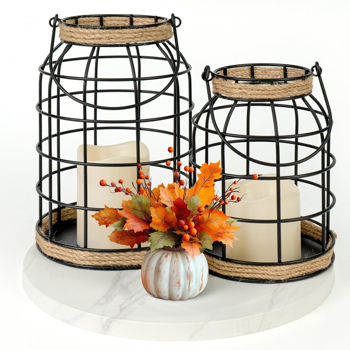 Lumeavetra Rustic Farmhouse Decorative Lantern Set of 2, Boho Lanterns with LED Candles, Modern Farmhouse Indoor Outdoor Decor for Living Room Patio Porch Fireplace Kitchen Dining Table Centerpiece