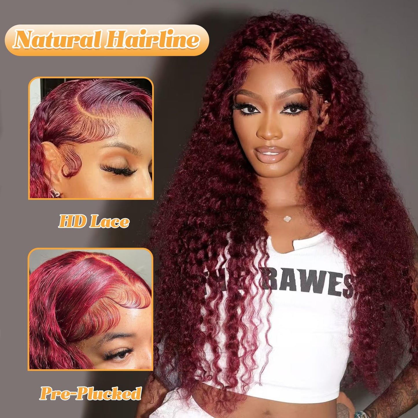 Kivolin 99j Burgundy Lace Front Wigs Human Hair 28 Inch Deep Wave Lace Front Wigs Human Hair Pre Plucked Red Curly Human Hair Wig 13x4 HD Colored Frontal Glueless Wet and Wavy Loose Deep Wave
