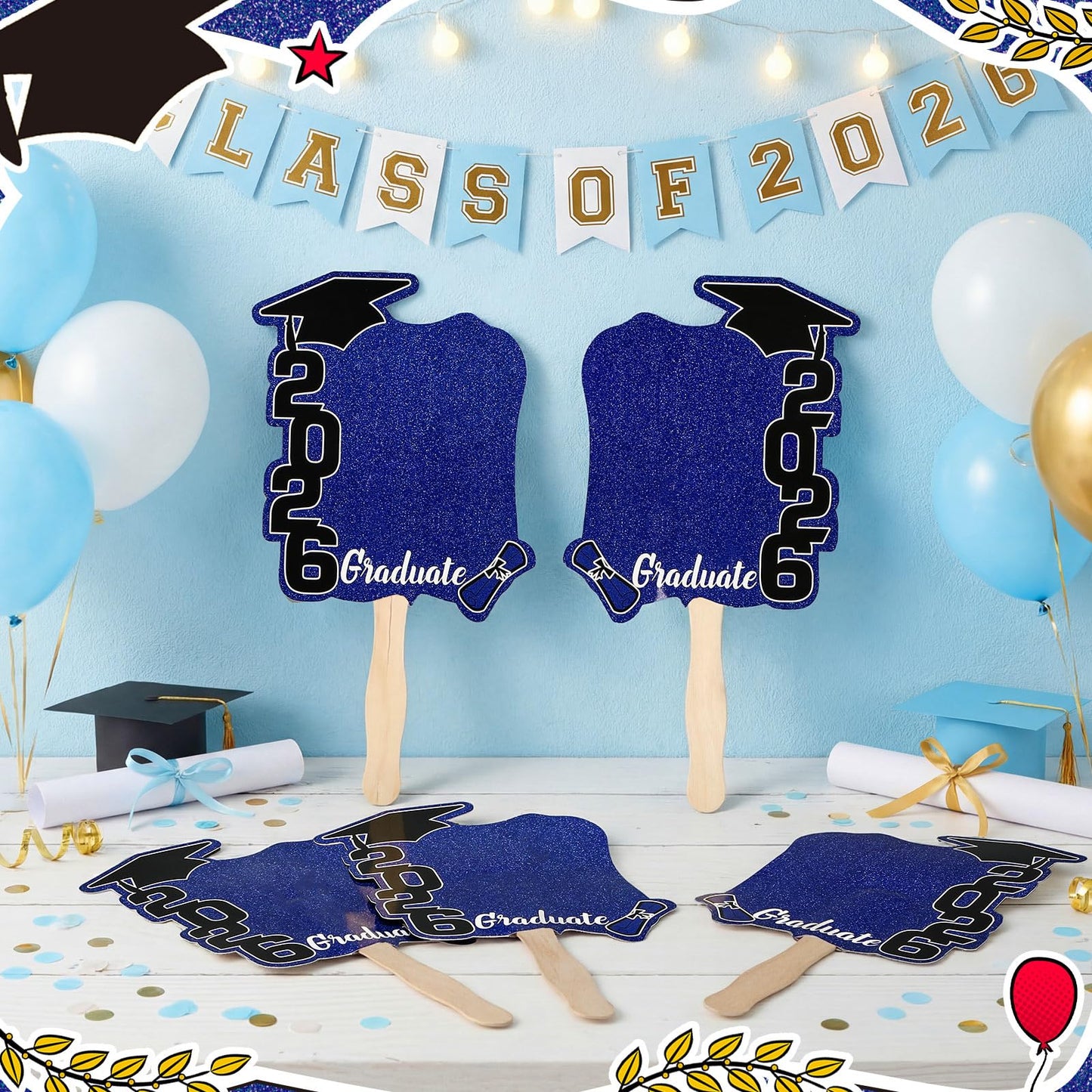 Gilprop 24 Pcs Graduation Cutout Face Fans with Handle Double Sided Personalized Grad Party Supplies Class of 2026 Grad Photo Props Blank DIY Photo Frame Graduation Party Souvenirs