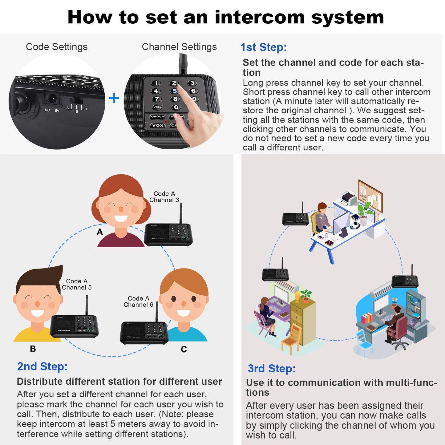 Wuloo Intercoms Wireless for Home 1 Mile (5280 Feet) Range 10 - Channel, Wireless Home Intercom System for House Business Office, Room to Room Intercom, Home Communication System (2 Packs, Black)