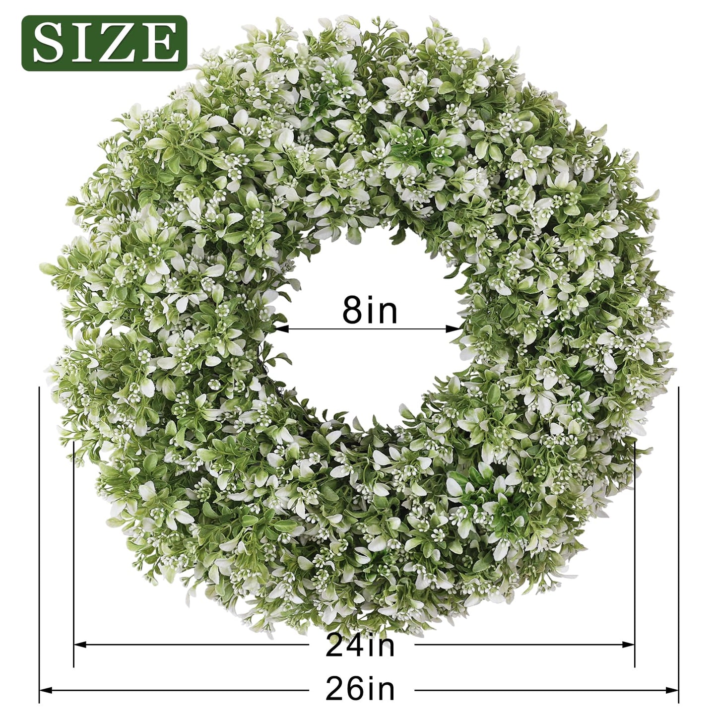26" Artificial Boxwood Wreath for Front Door - Large Faux Aglaia Odorata Wreath, Fake Eucalyptus Leaves Plants for Wall Window Farmhouse Outdoor Decor - Spring, Summer, All Seasons (White-Green)